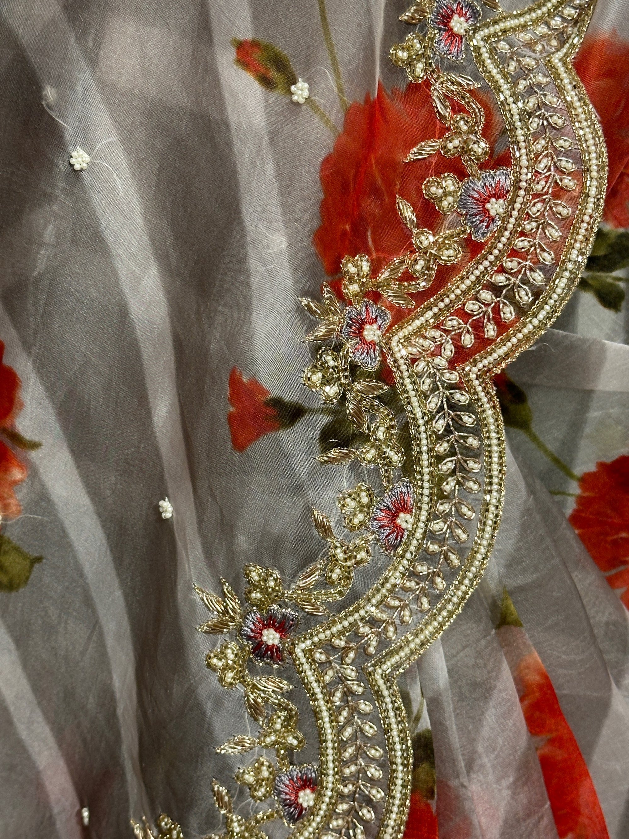 Earthy Tone Pure Organza lehariya Floral Printed With Handwork Border