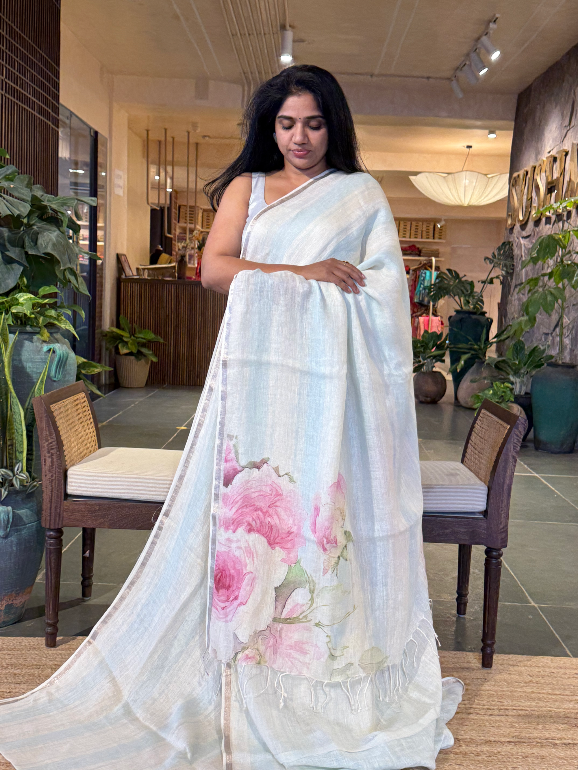 Ivory & SkyBlue Handloom Lenin Striped Saree With Statement Rose Flower Pallu