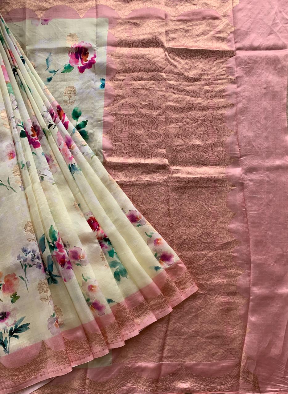 Banarasi Soft Silk Printed Saree With Scalloped Woven Zari Border