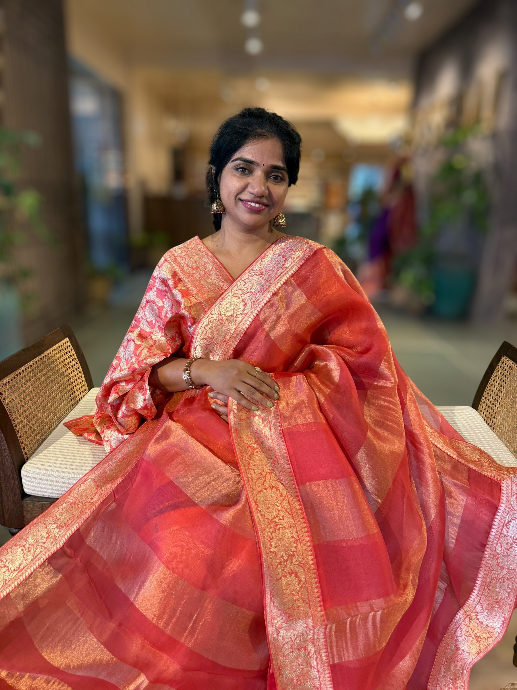 Koral Pink Banarasi Kora Tissue Stripes Saree With Banarasi Borders & Blouse