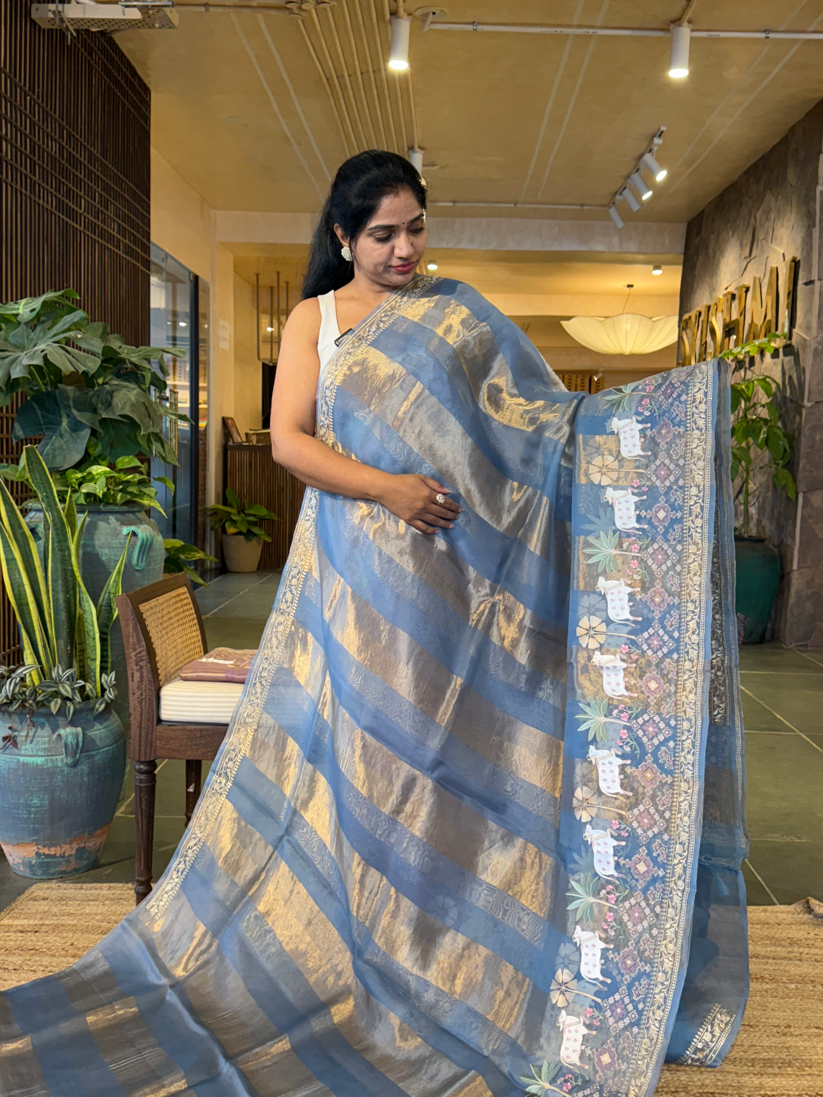 Dusty Blue Kora Tissue Stripes with Pichwai & Jamdani Inspired Embroidery