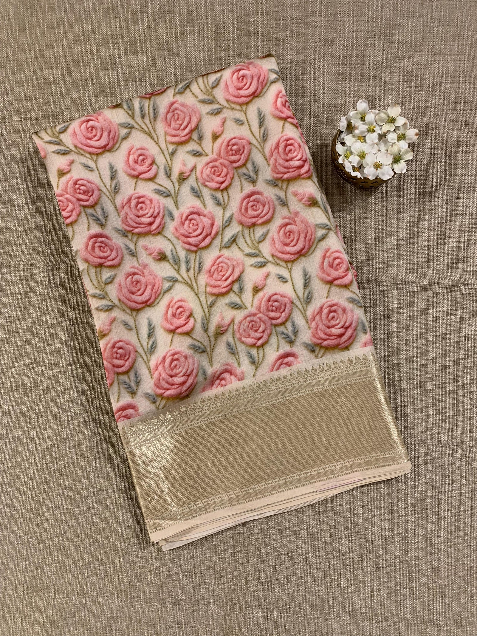 Banarasi Chiniya Silk Sarees with beautiful embroidery style 3D floral Print