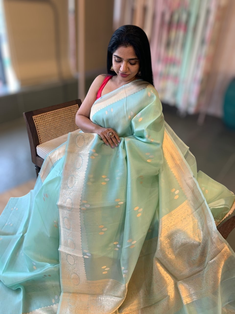 Pastel Blue Pure Handloom Kora Banarasi Saree With Kaduwa Woven Motifs