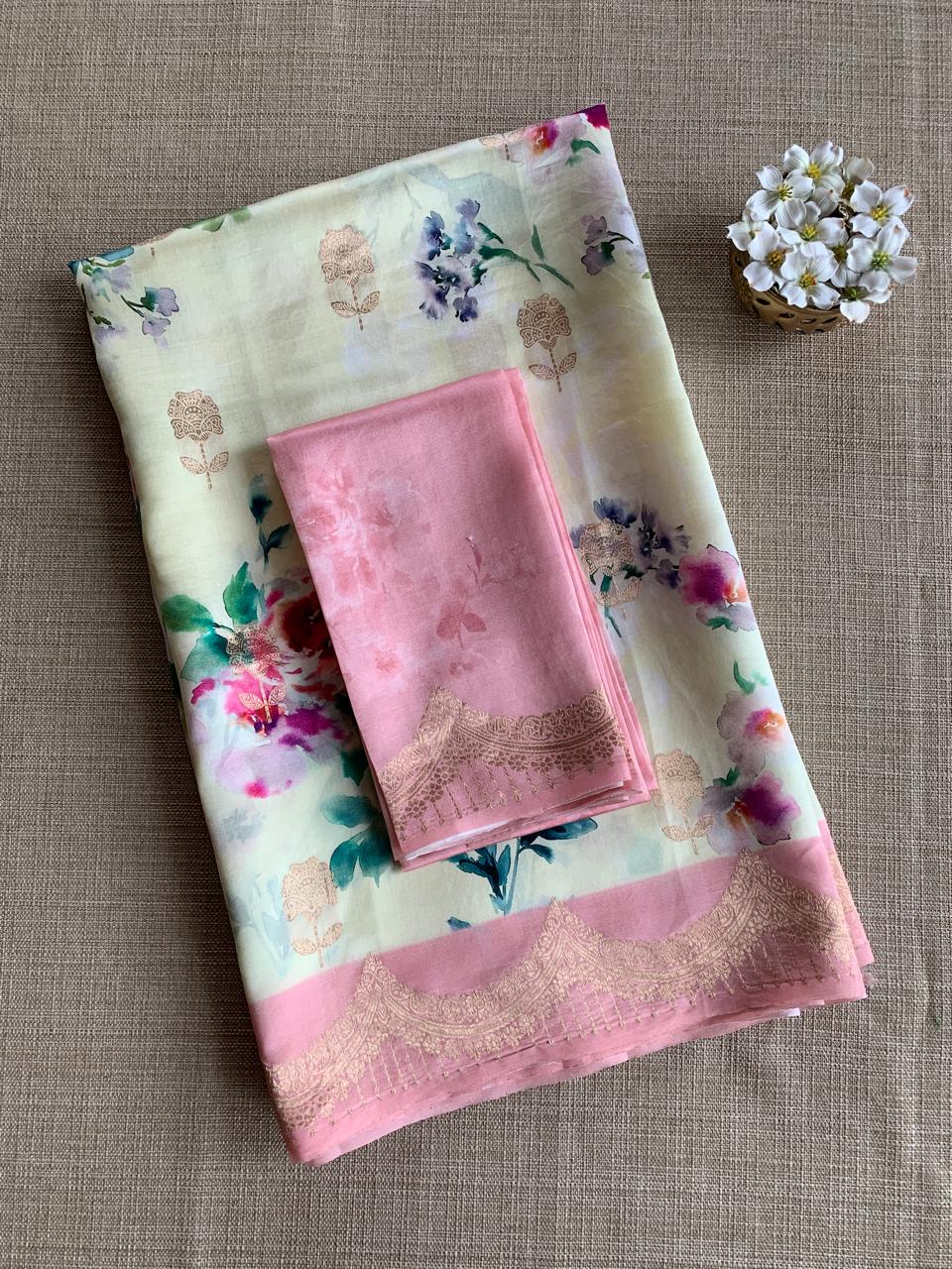 Banarasi Soft Silk Printed Saree With Scalloped Woven Zari Border
