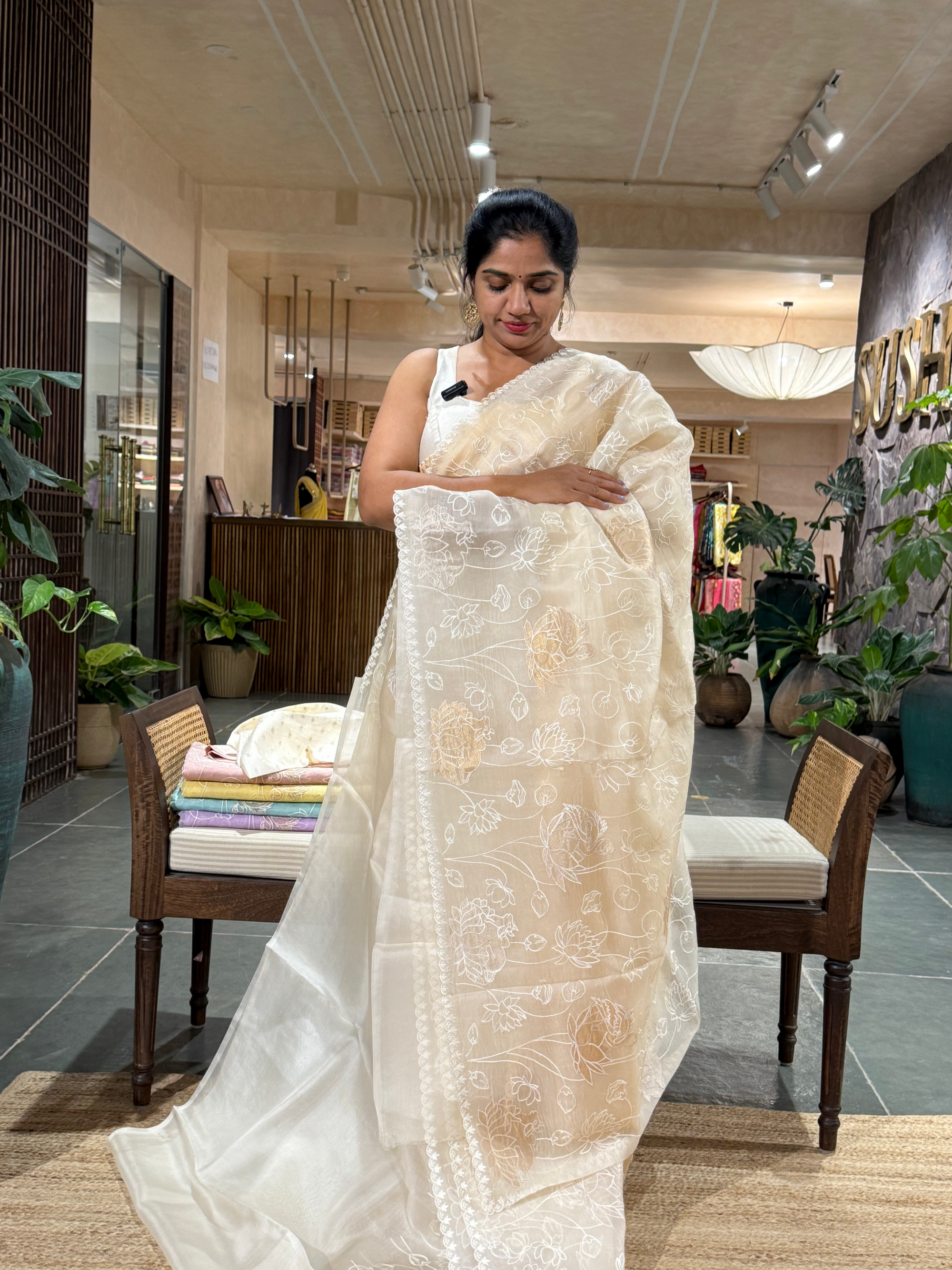 SOAA1605 : Ivory Organza Saree with Allover Pichwai Applique Embroidery