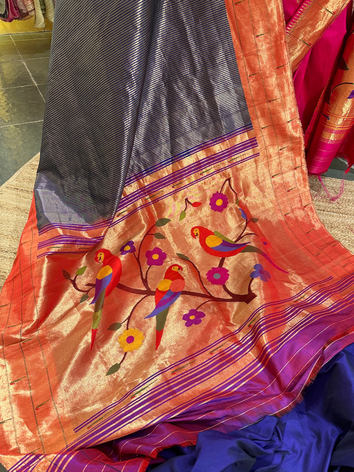 Navy Blue stripes Tripple Muniya Saree