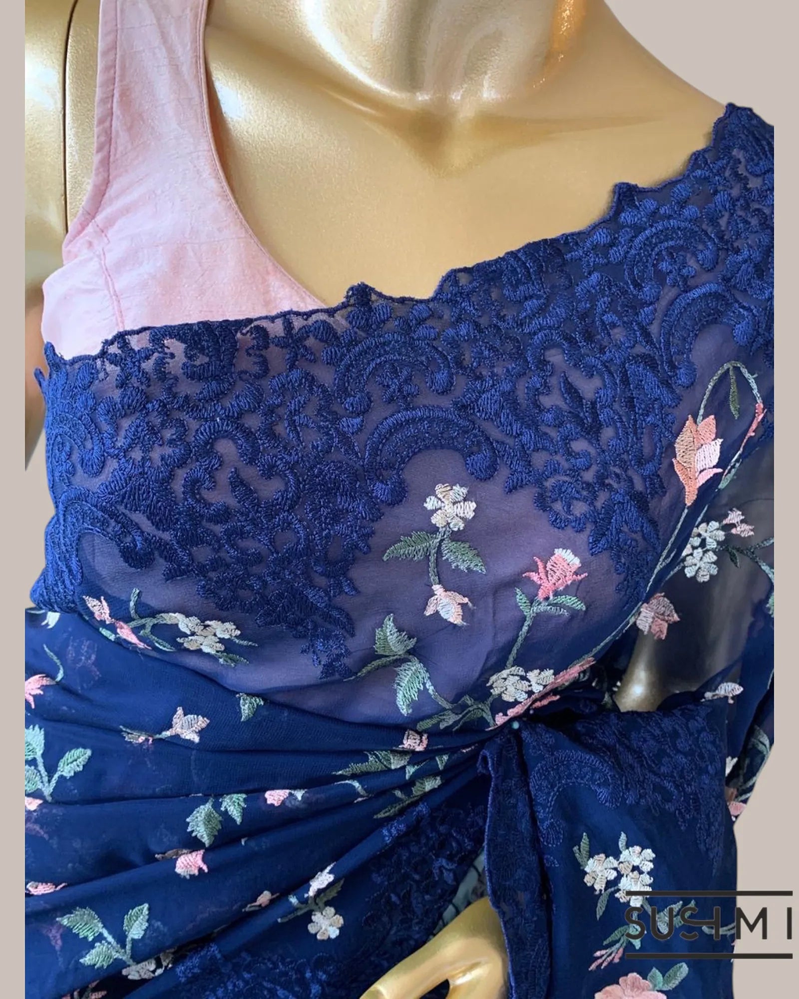 Midnight Blue Pure Gorgette Saree With Petite Point Style Allover Embroidery   O