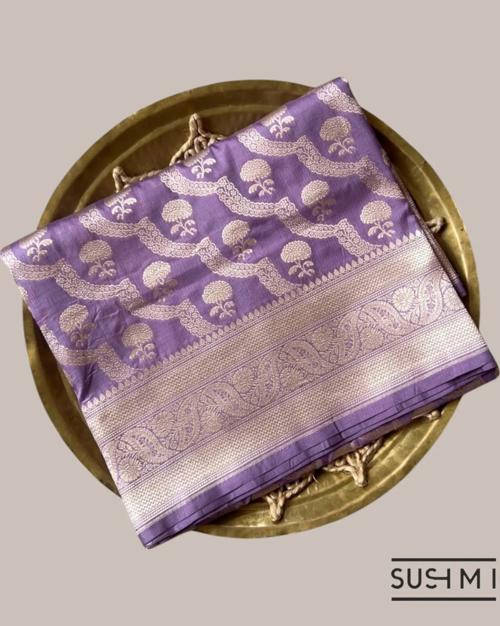 Lilac Banarasi Katan Silk Saree with diagonal pattern scallop floral creeper wit