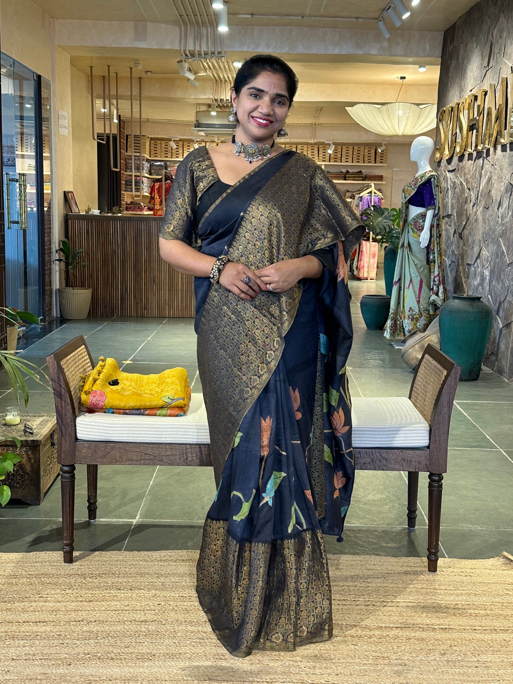 Elephant Black Pure Handloom Munga Banarasi Saree with pichwai handpainting .