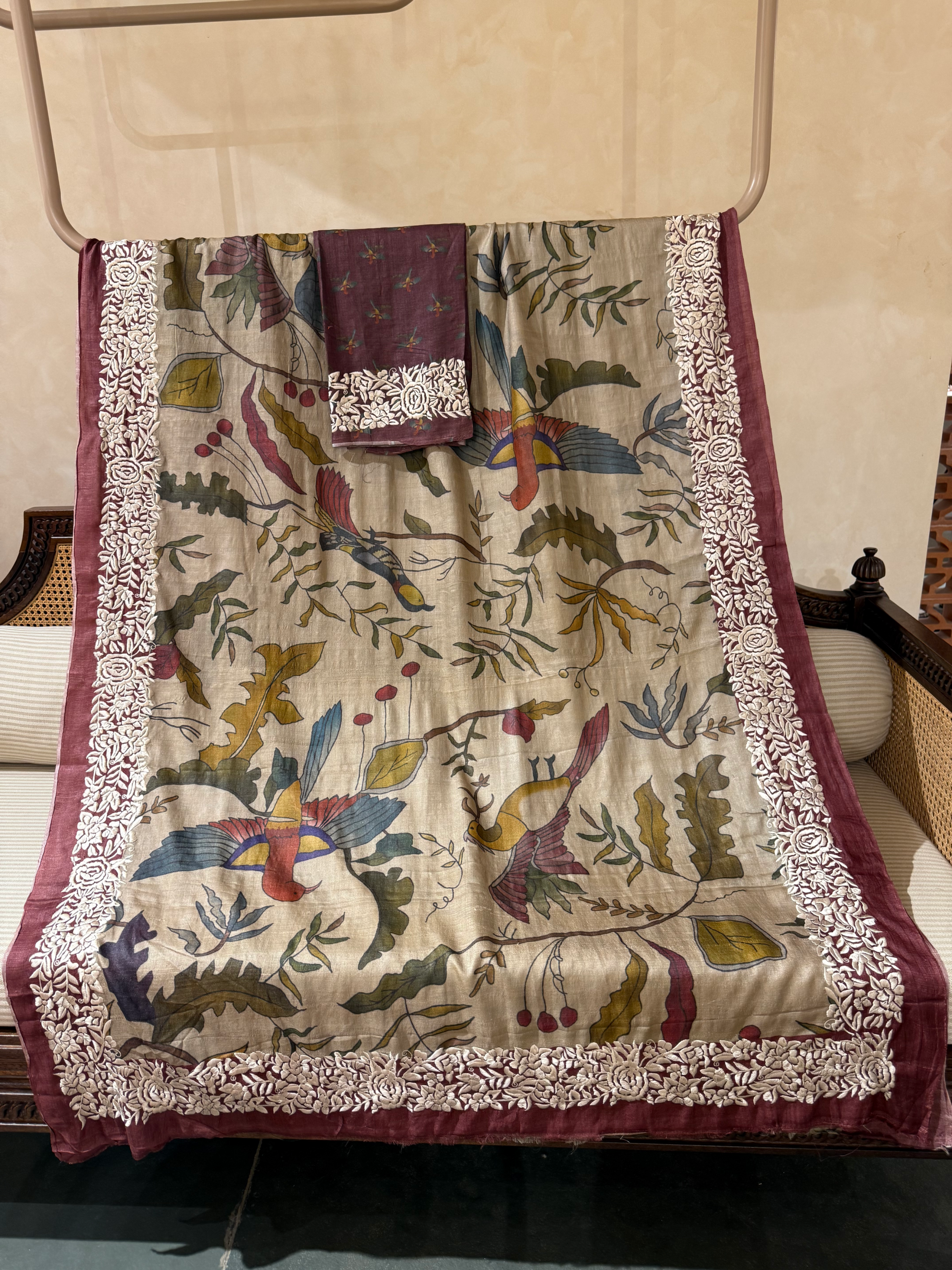 STPGA907 Pure Tussar Fusion Saree with Parsi Gara Embroidered border