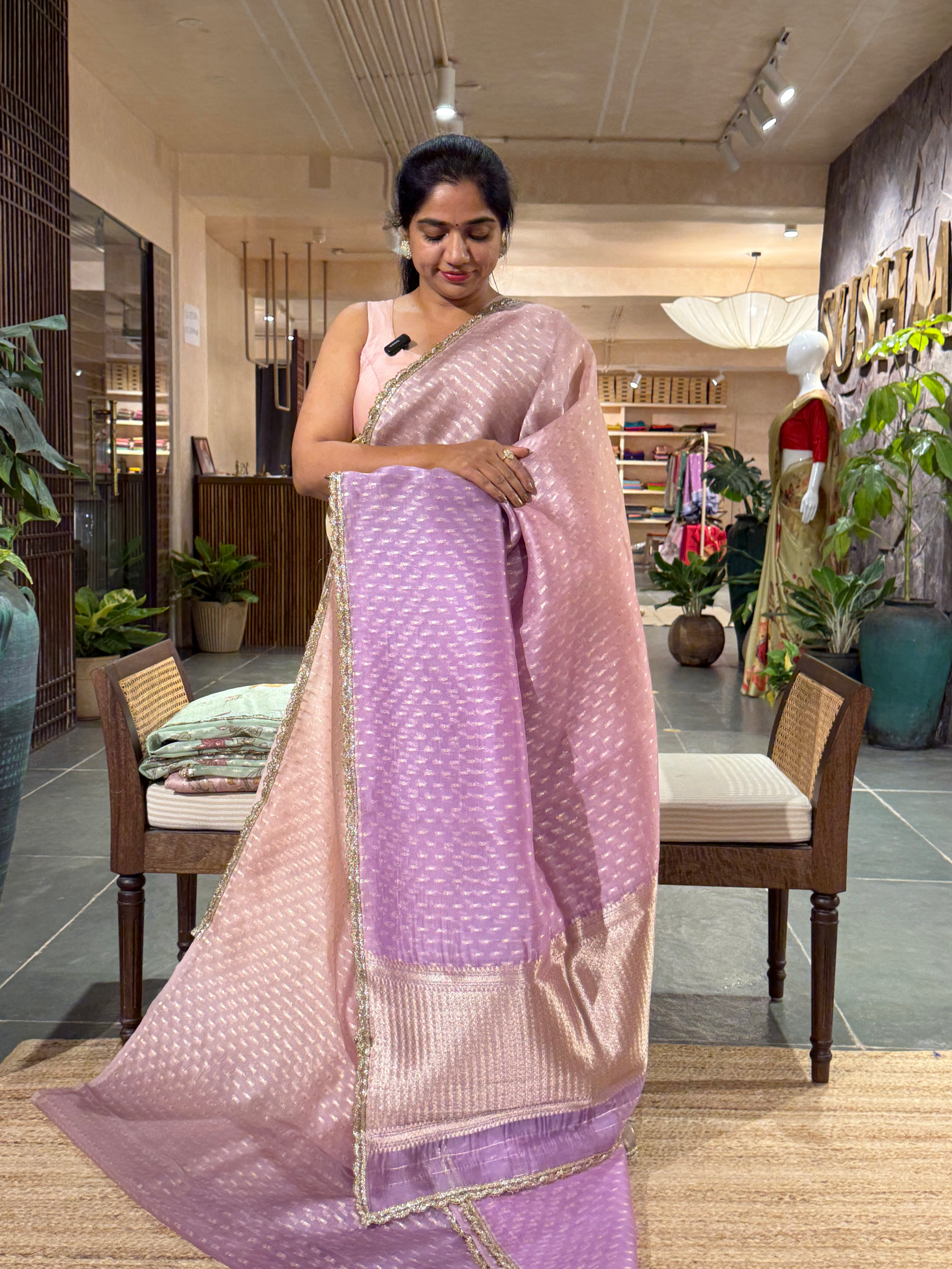 Ombre Dyed Pure Organza Saree with allover zari butis and  Embroidered Blouse