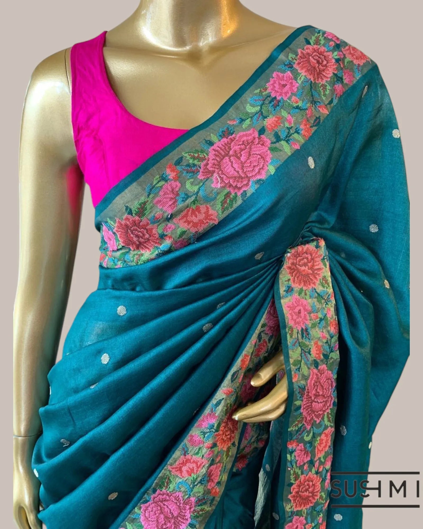 Peacock Blue Pure Tussar Saree with allover golden zari buti and Petite Point  e