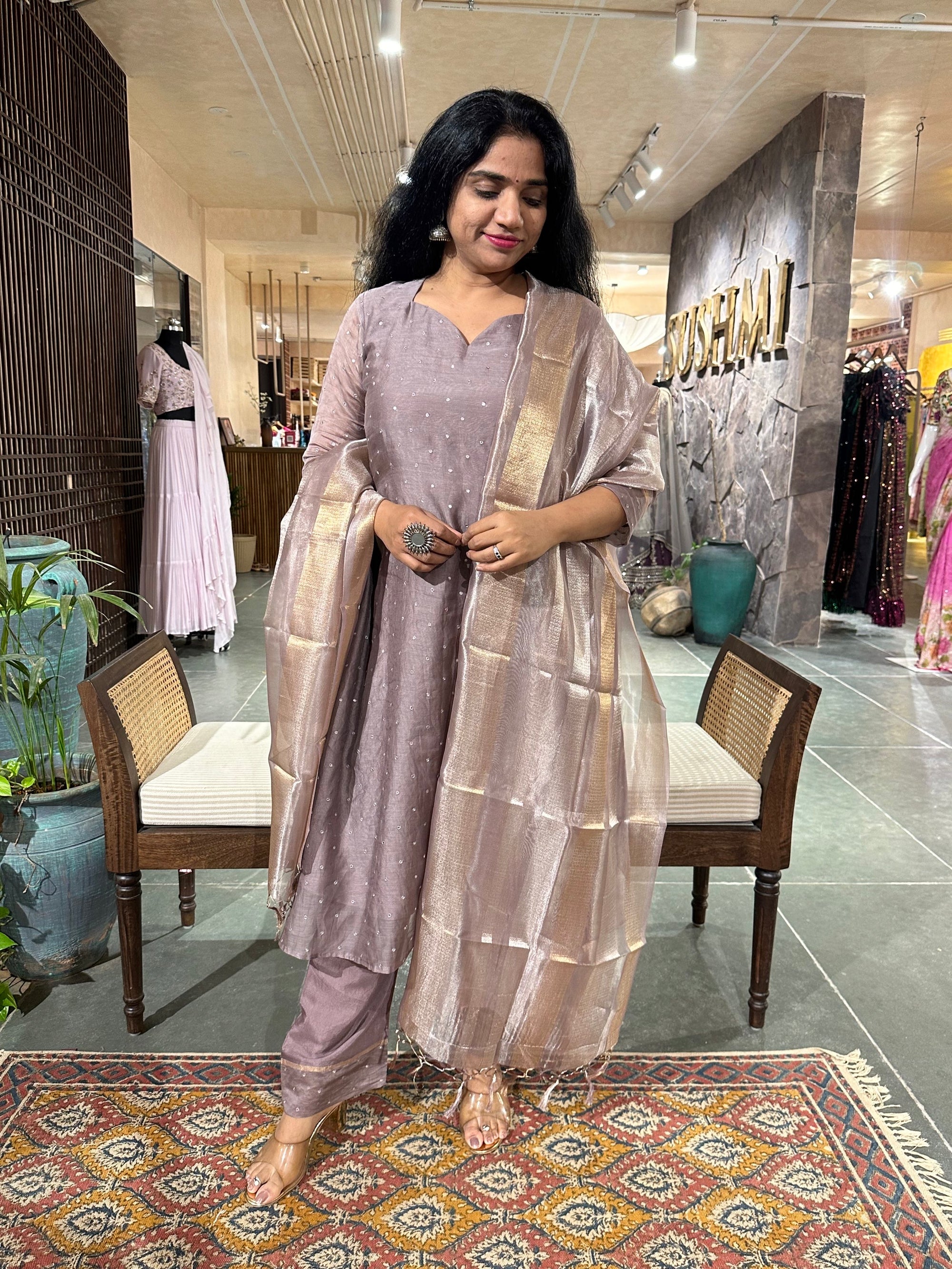 Earthy Tone pure Chanderi Silk 3 pc sticthed suit with mirror work