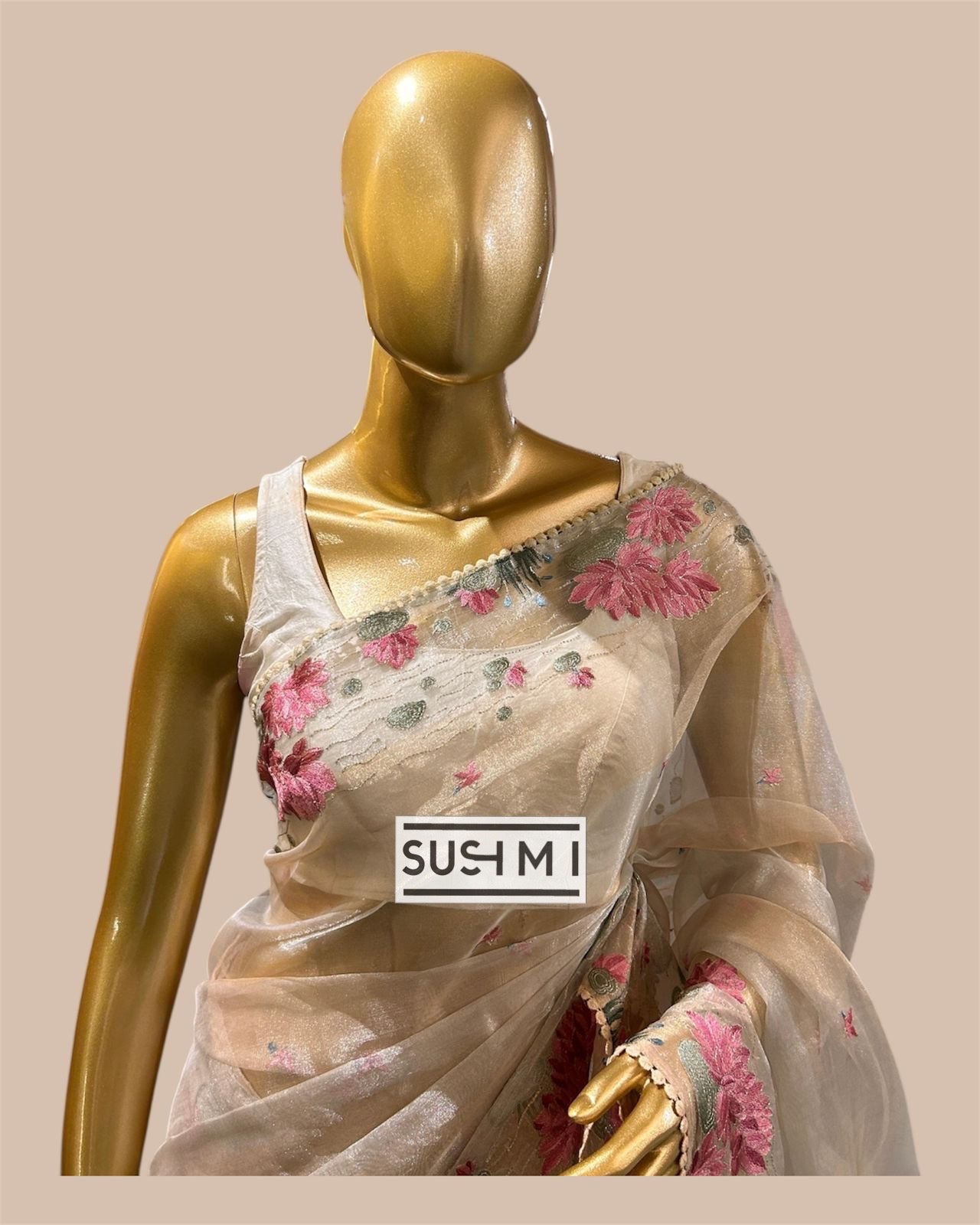 Pure Tissue Saree with silver and golden zari wide stripes & Embroidered Borders