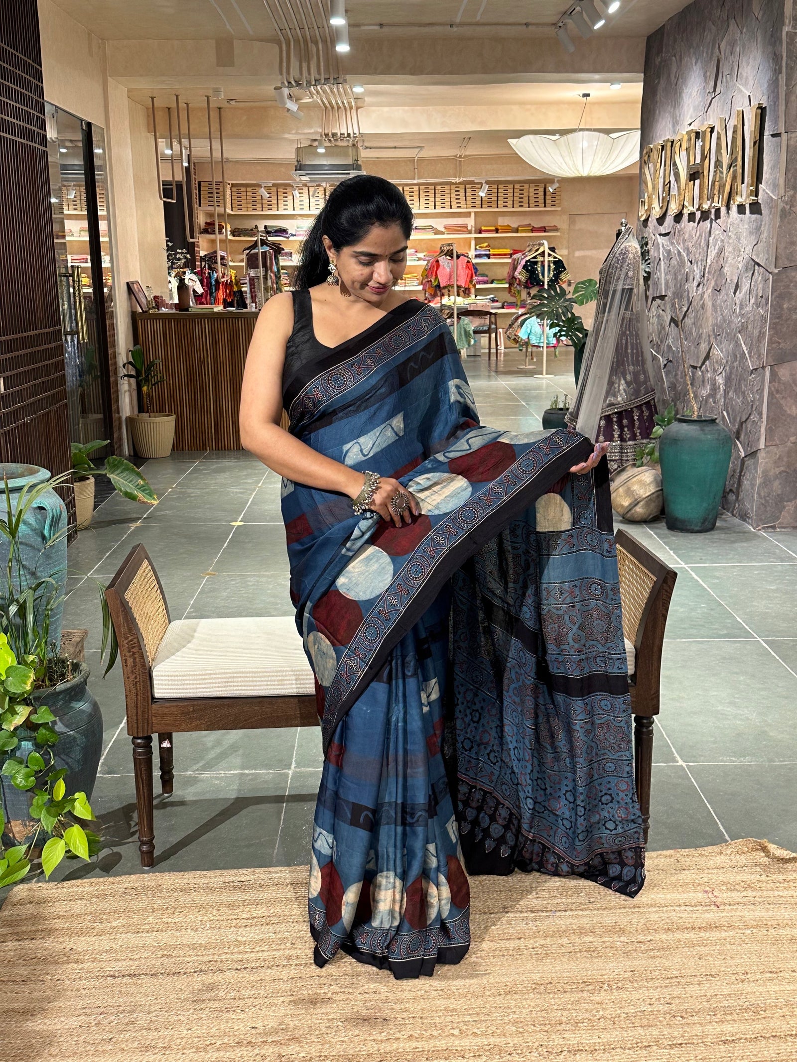 Indigo Ajrakh saree in Pure Modal Satin Silk with beautiful ajrakh pallu &blouse