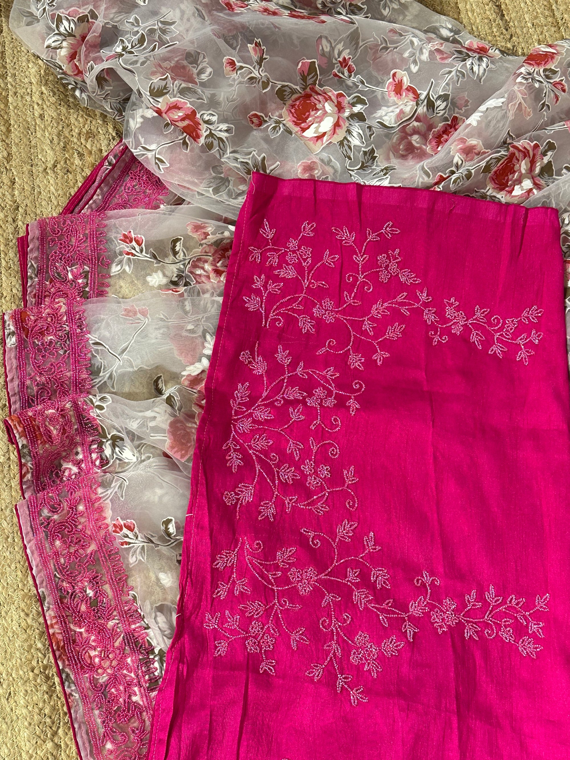 Glass Organza Floral printed Saree with heavy beadwork border and blouse