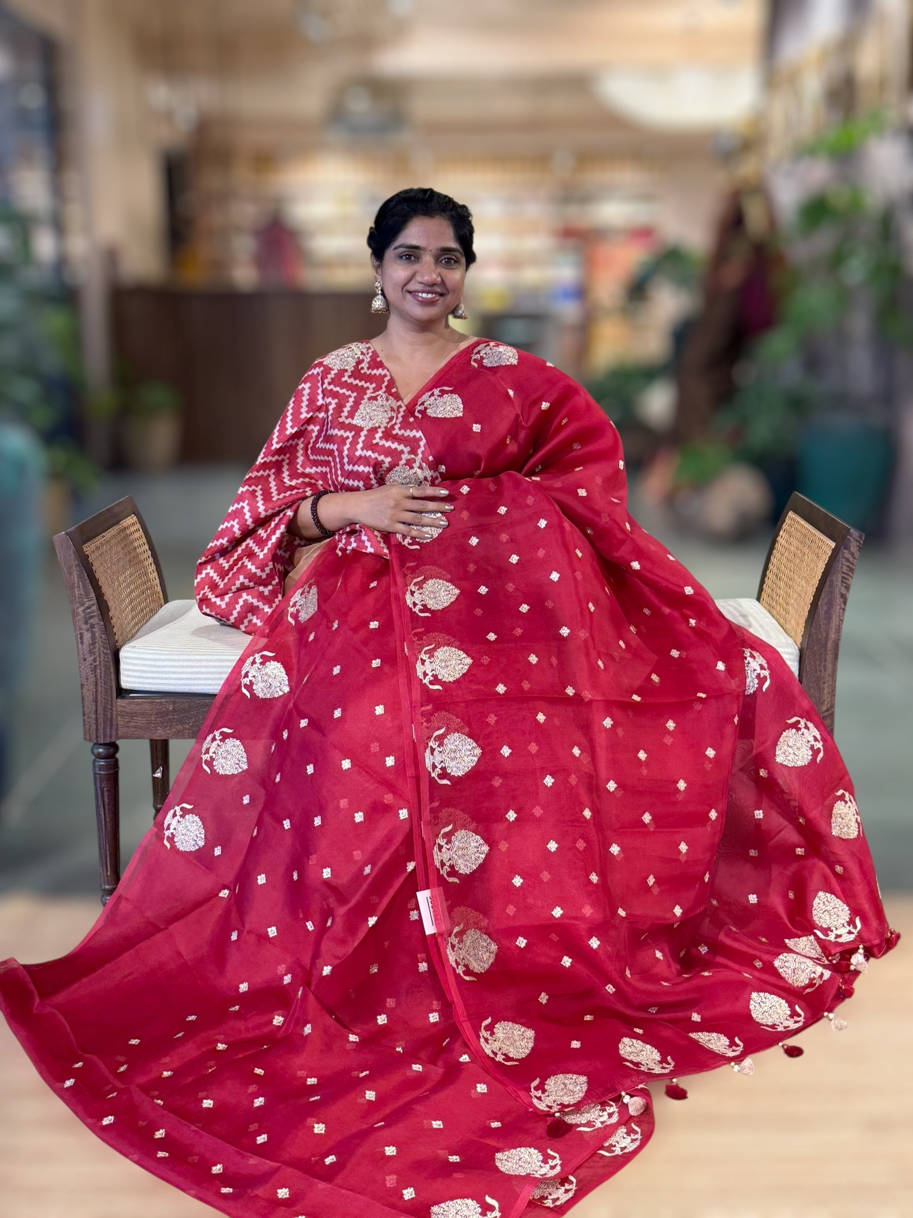 Red Organza Saree With Embroidered Motifs & Tussar Printed Blouse