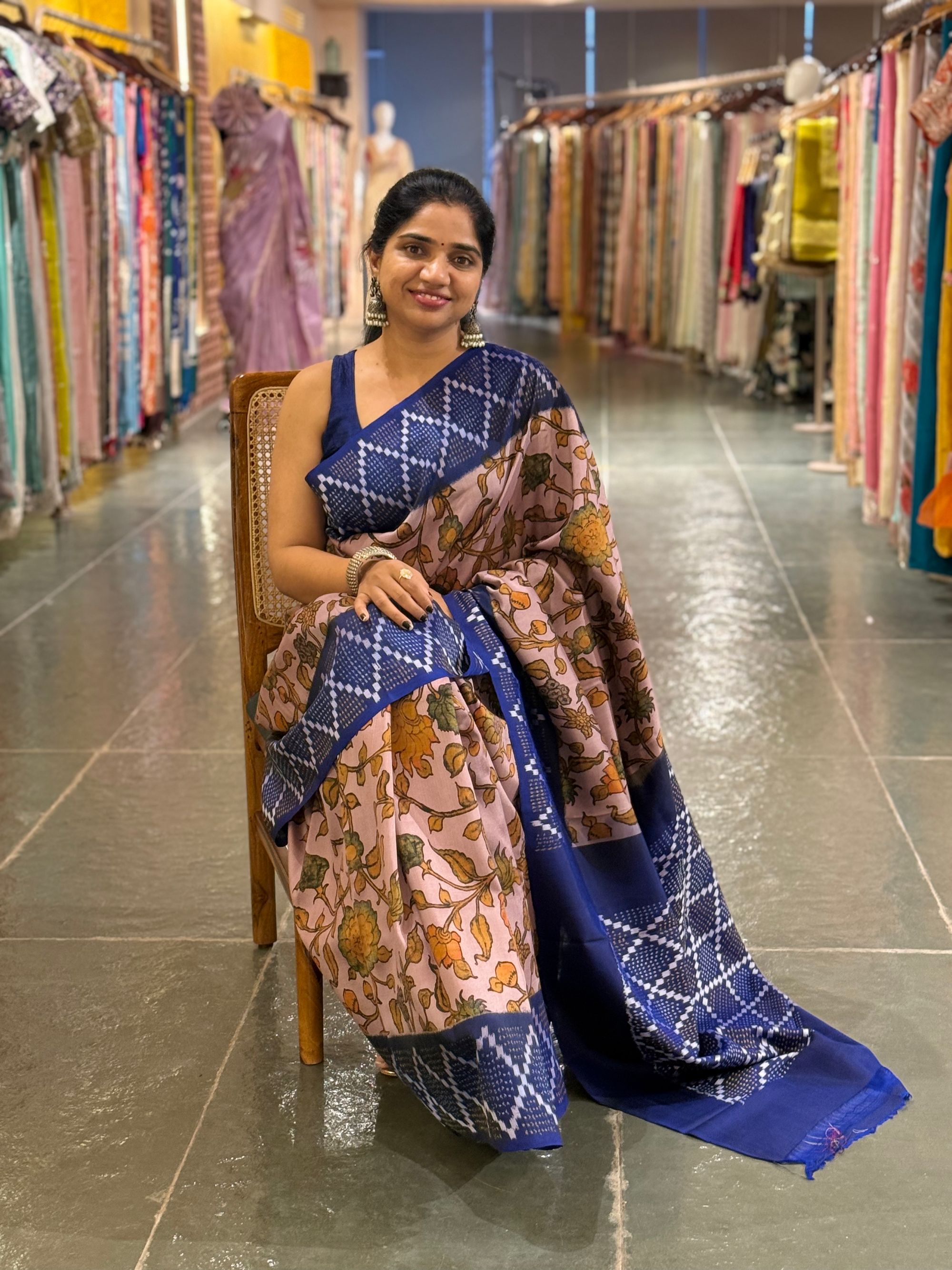 Ikkath Patola Sarees with Pen Kalamkari Style Digital  Prints