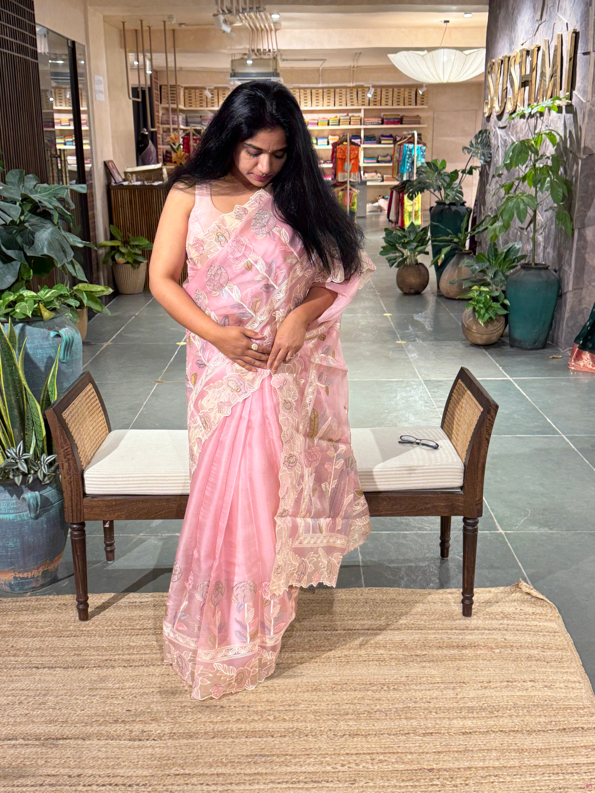 Blush Pink Pure Organza Saree with embroidered and cutwork borders