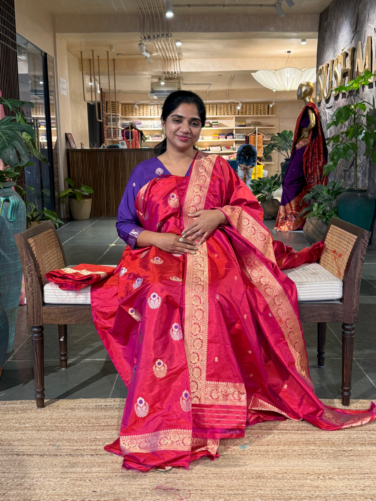 Reddish Pink Katan Silk  3 pc Suit Set with meenakari kaduwa weaving