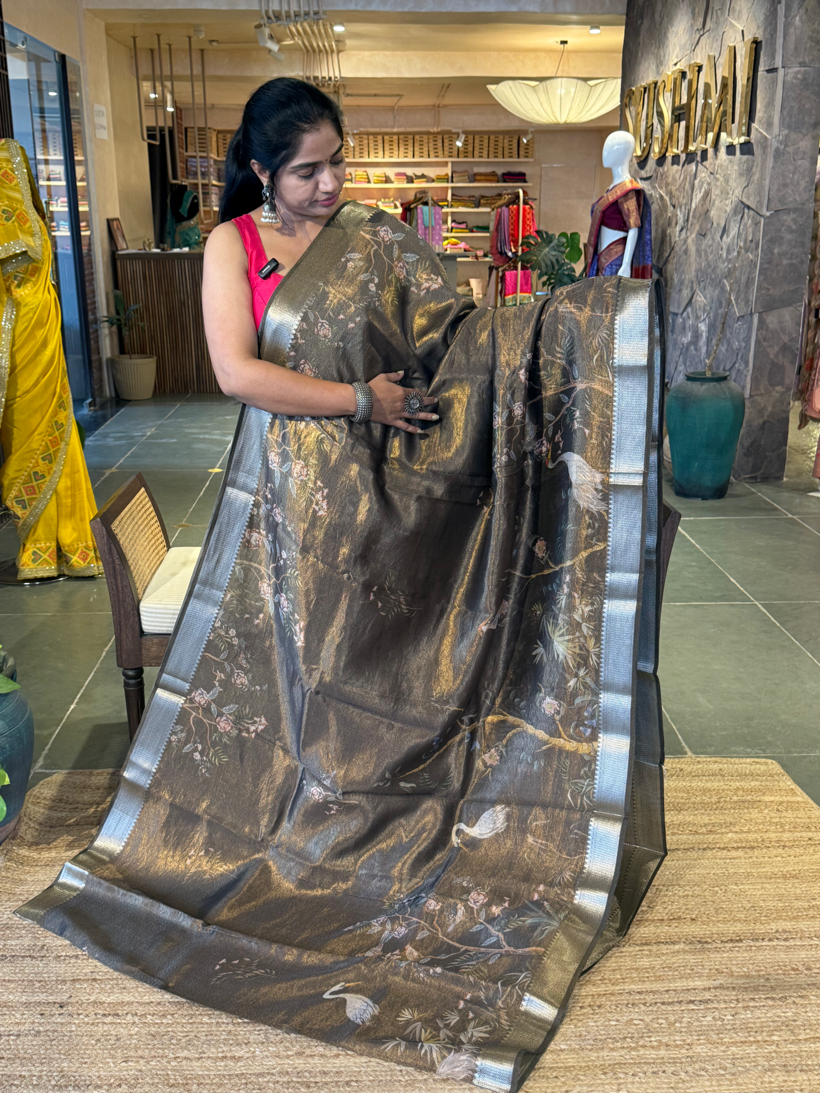 Brown Banarasi Floral Printed Cotton Saree with brocade pallu and blouse