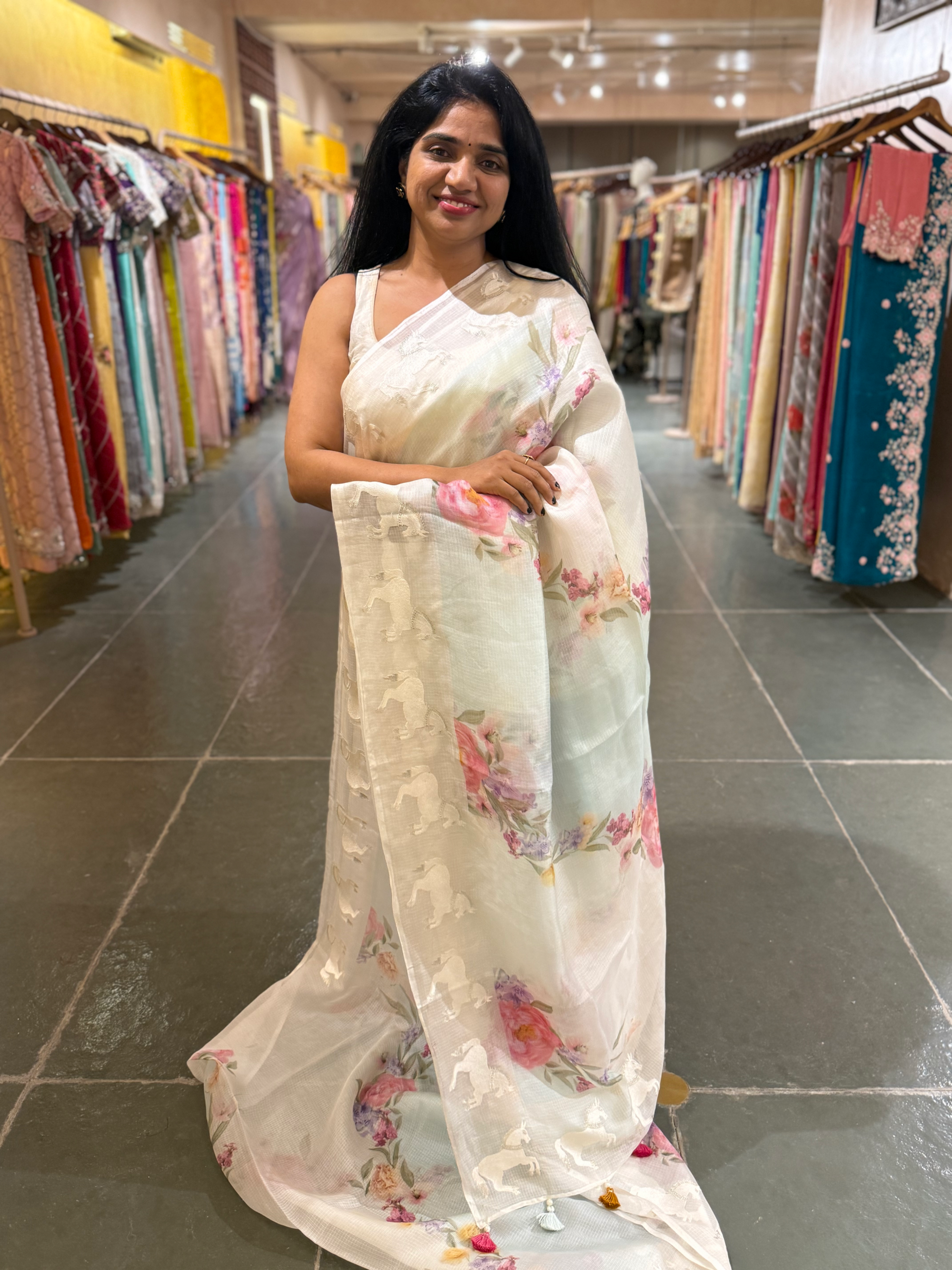 Baby Blue & white Silk kota with floral print &  horse embroidered borders