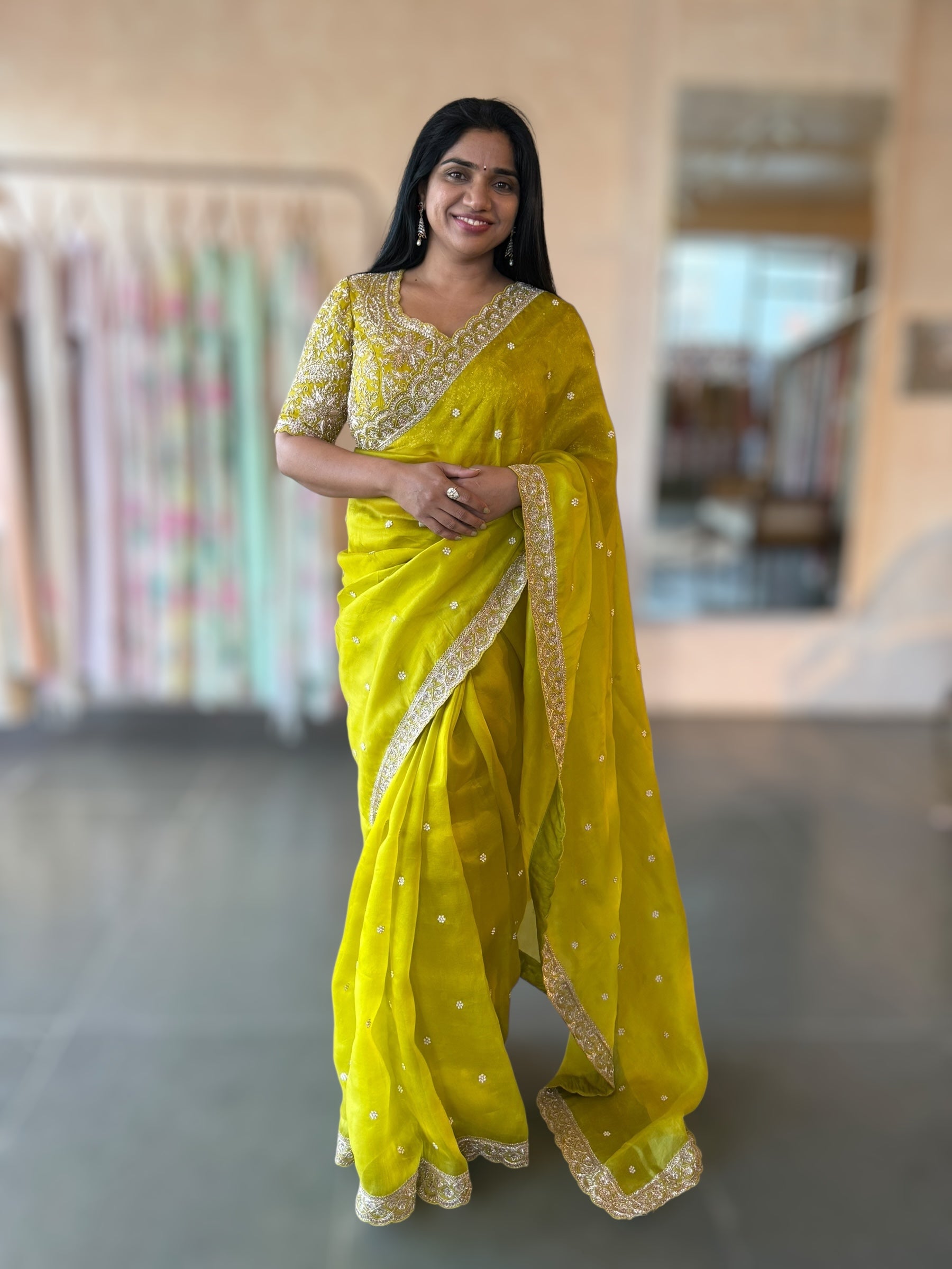 Neon Green Organza Handwork Saree