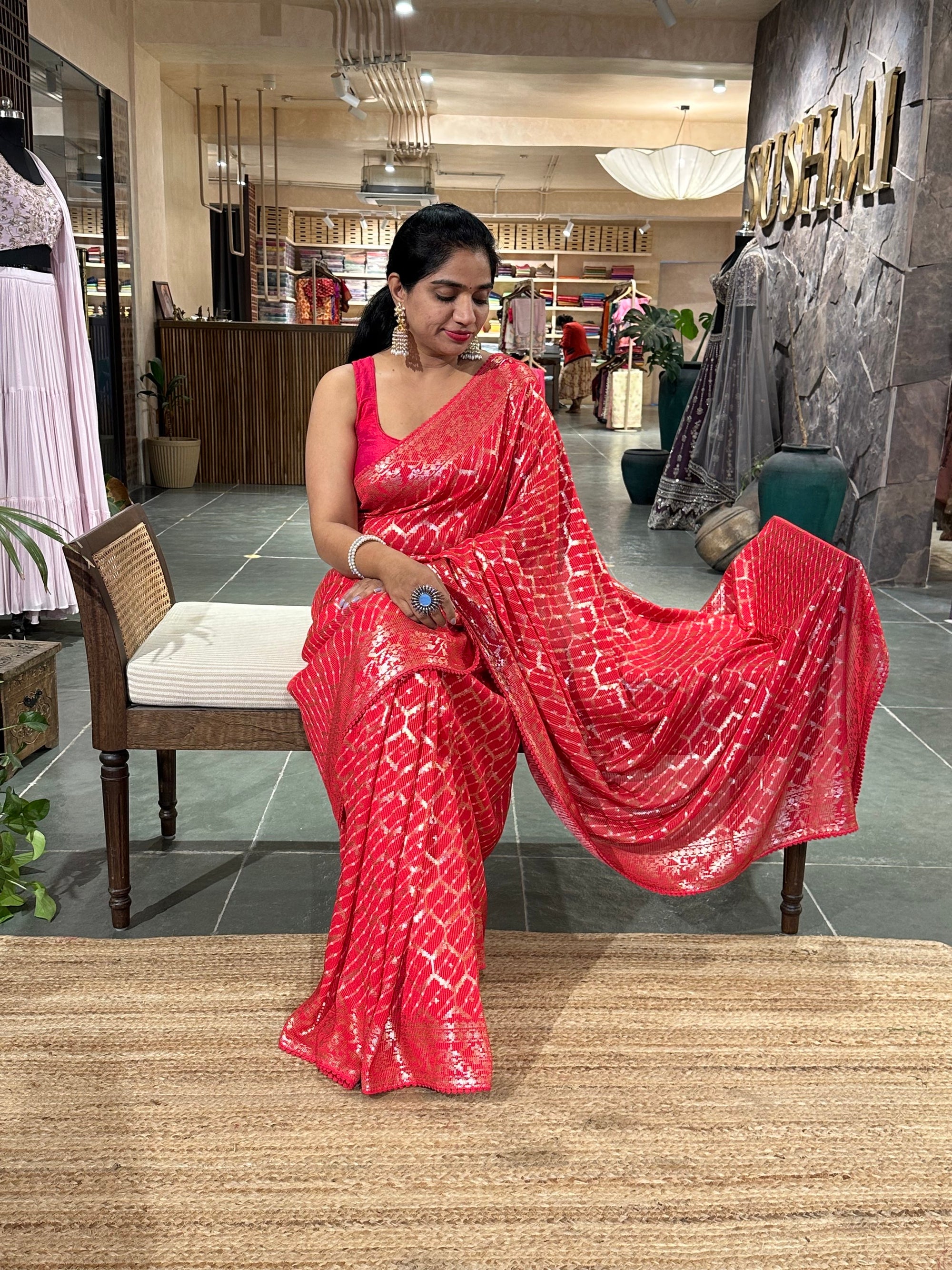 Pinkish Red Pure Gorgette Lehariya Bandhini Sequnce Saree