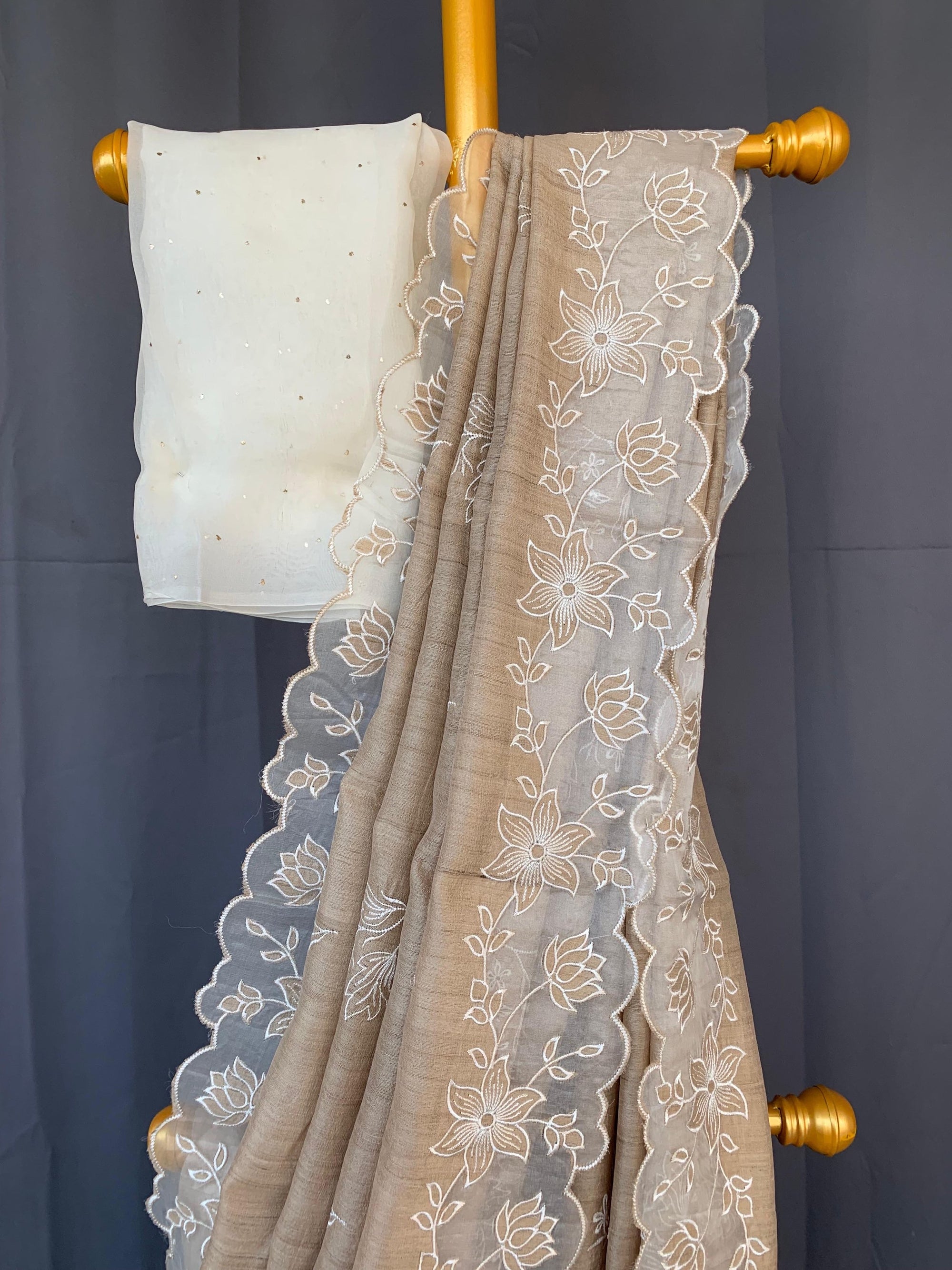 Pure handloom Tussar Designer Saree with Organza Applique Cutwork Border