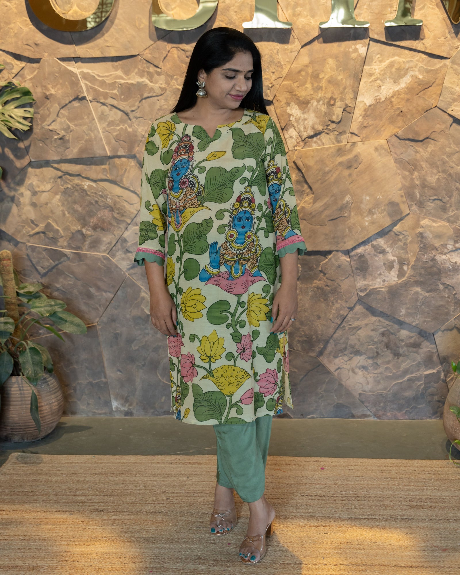 Goddess lakshmi concept Pen Kalamkari Silk Coordset