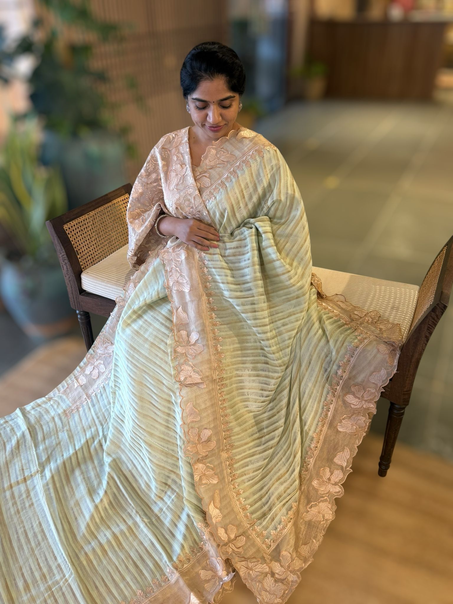 Mint Mul Tissue Stripes Saree With Tissue Cutwork  Border & Blouse