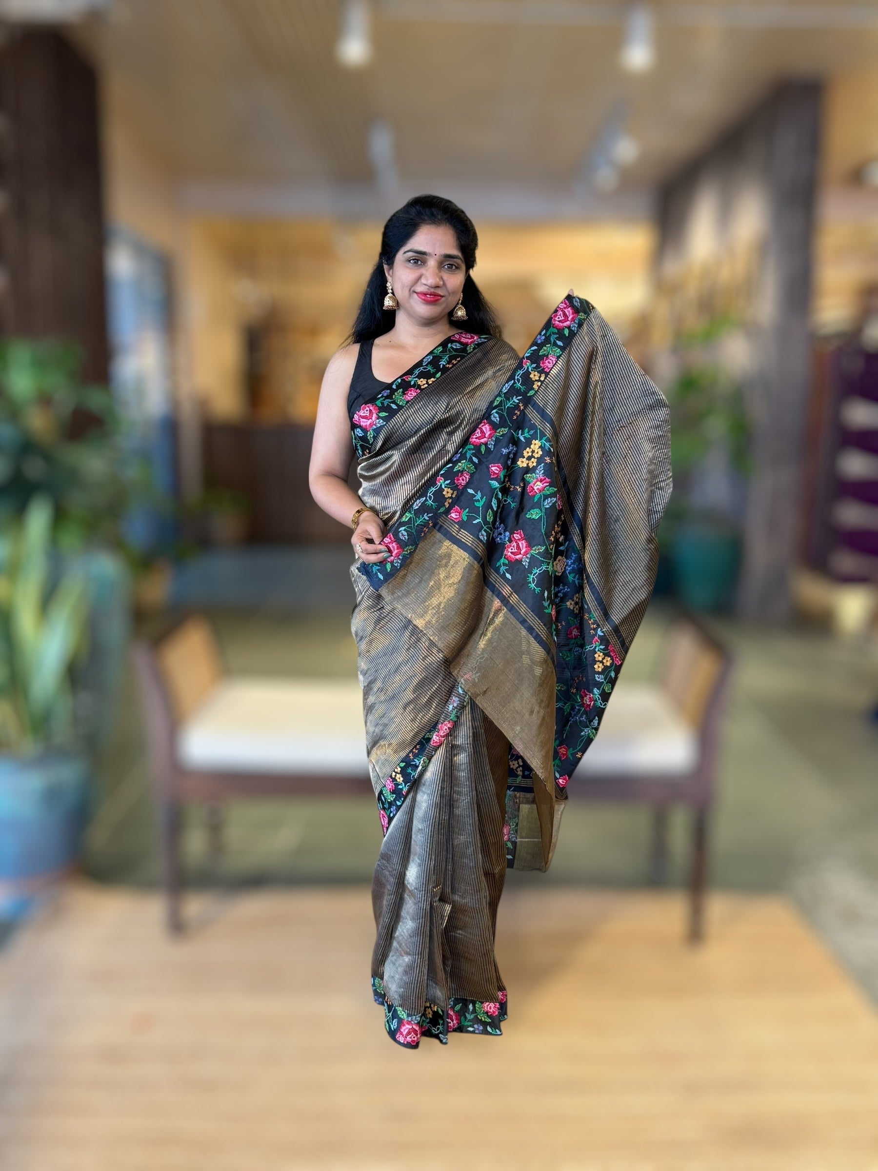 Black Tissue Stripes Saree wth Petite Point Embroidered Border Pallu & BP