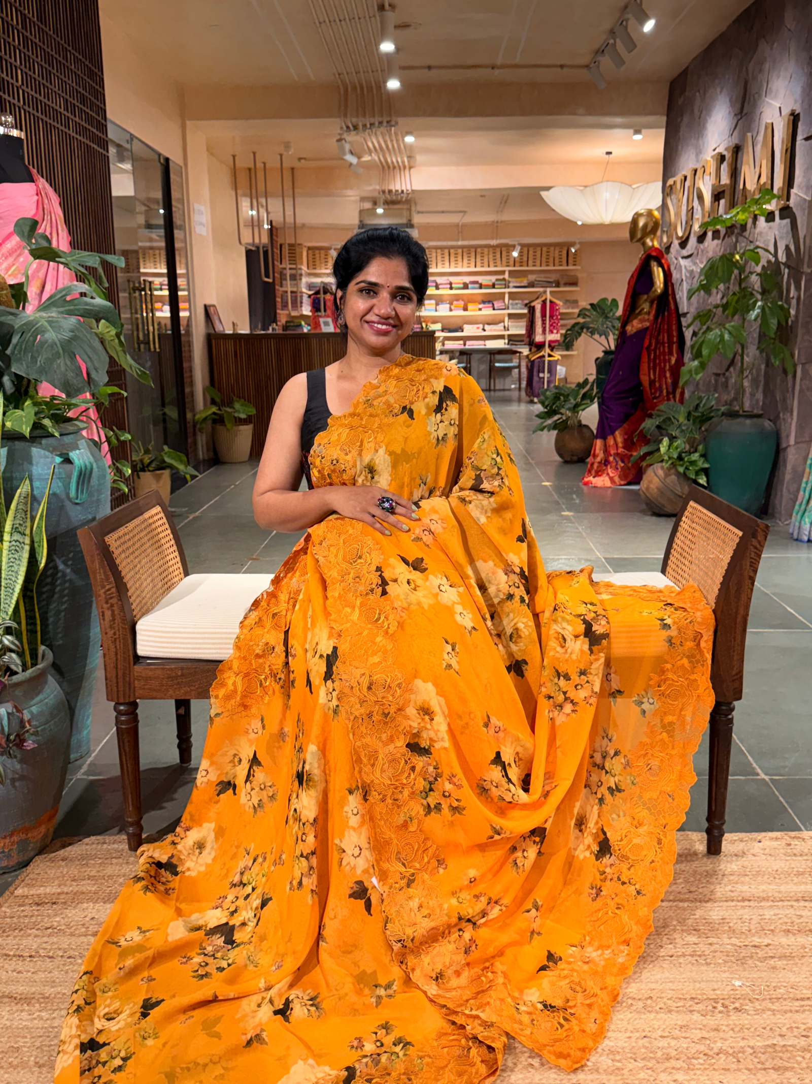 Orangish Mustard Pure  Gorgette Printed Saree With Cutwork Lace Border