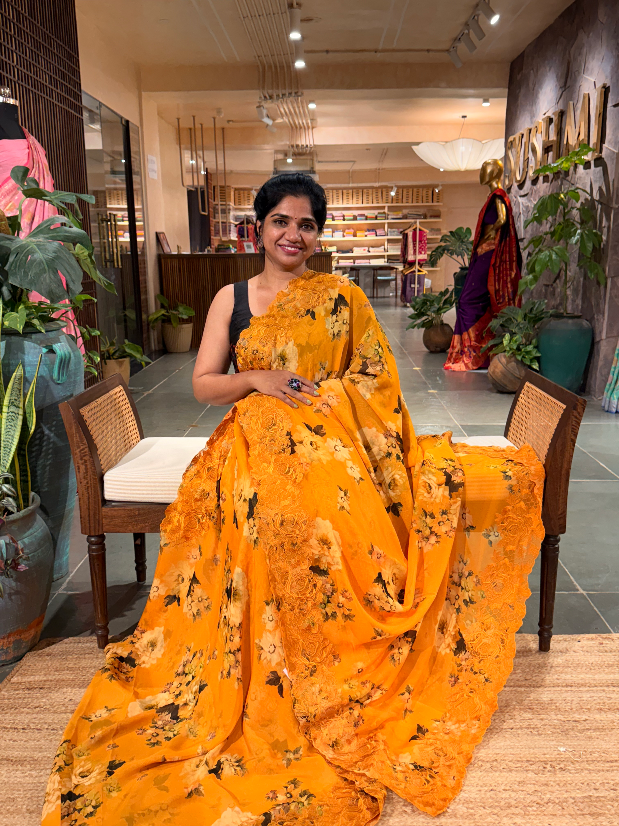 Orangish Mustard Pure  Gorgette Printed Saree With Cutwork Lace Border