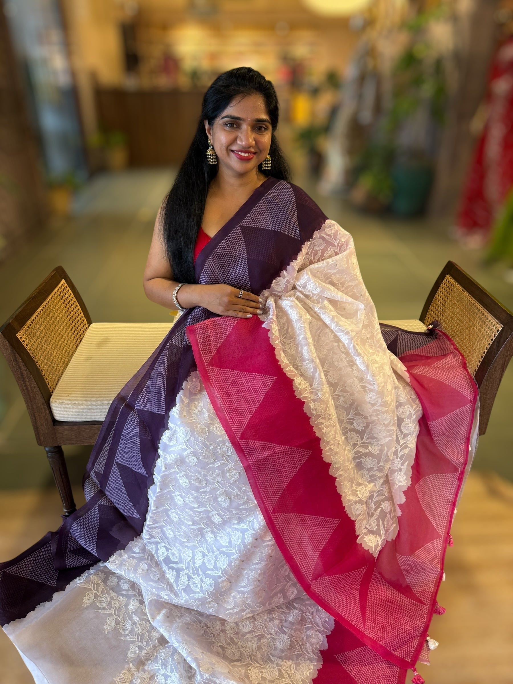 Organza Chikankari Embroidery Saree With Ganga Jamuna Bandhini Temple Borders