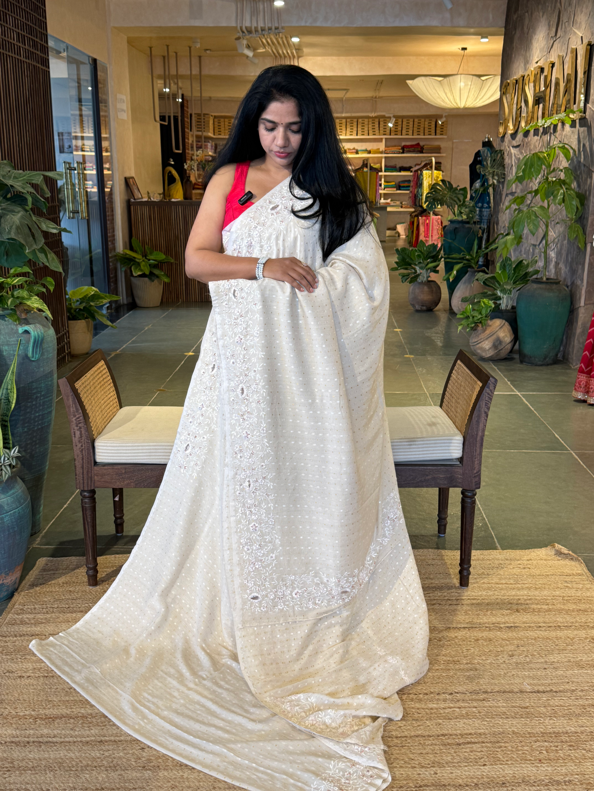 Pure Silk Saree with Paisley sequnece  and petite point embroidery borders
