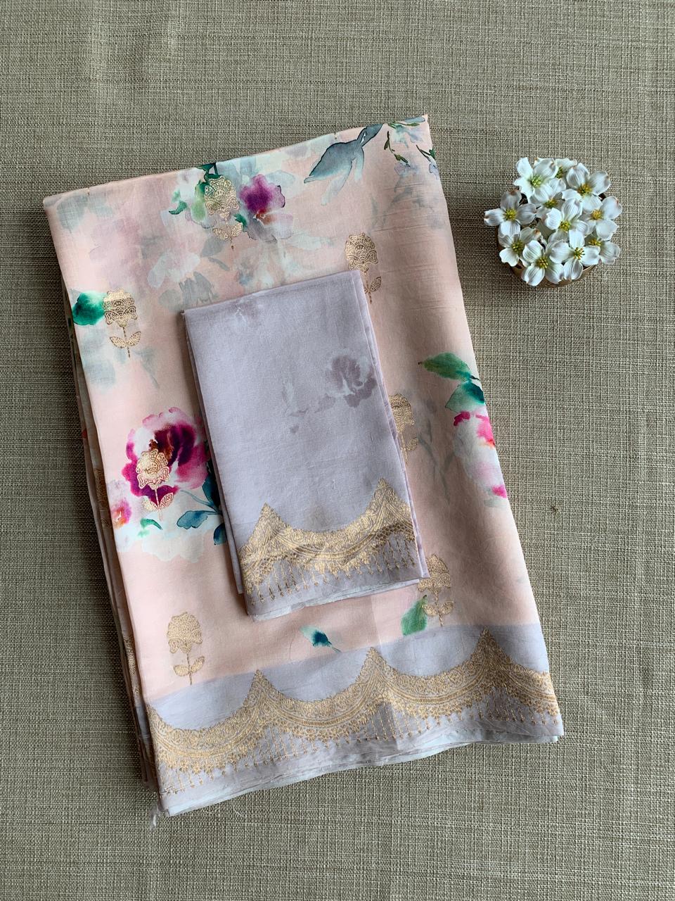 Banarasi Soft Silk Printed Saree With Scalloped Woven Zari Border