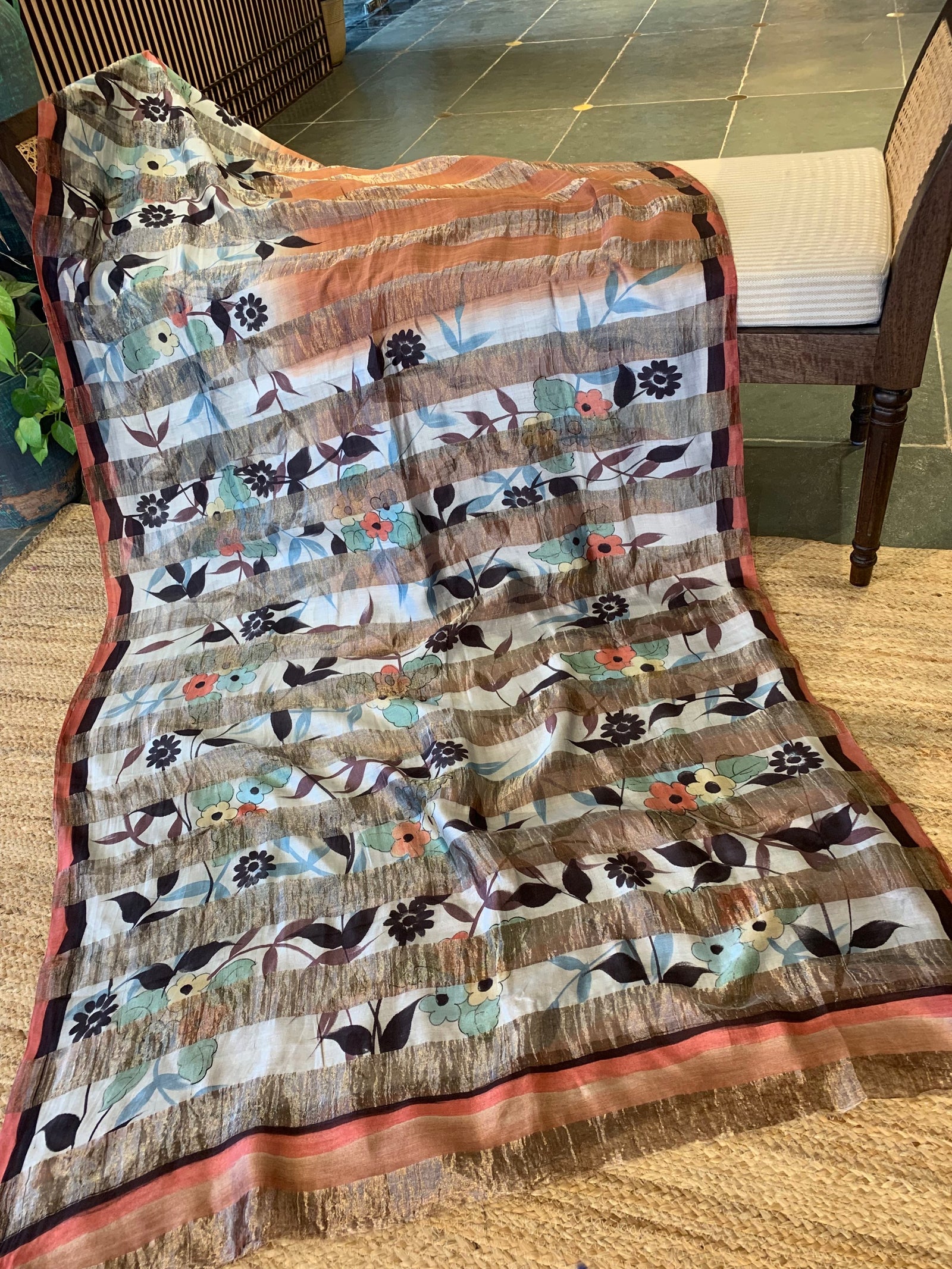 Pure Handloom Banarasi Munga Tissue  Saree with handpainting