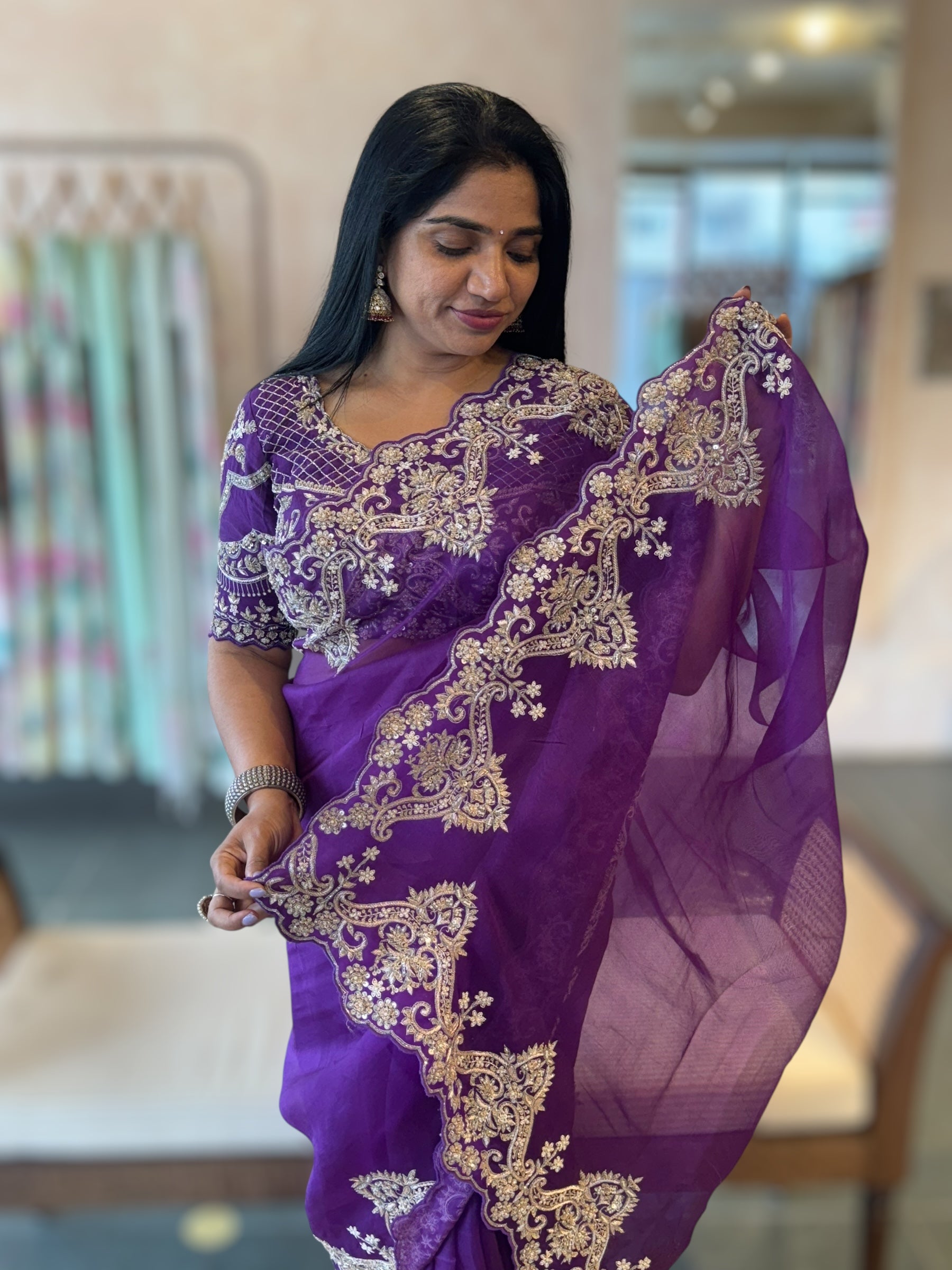 Purple Organza Heavy Handwork Saree