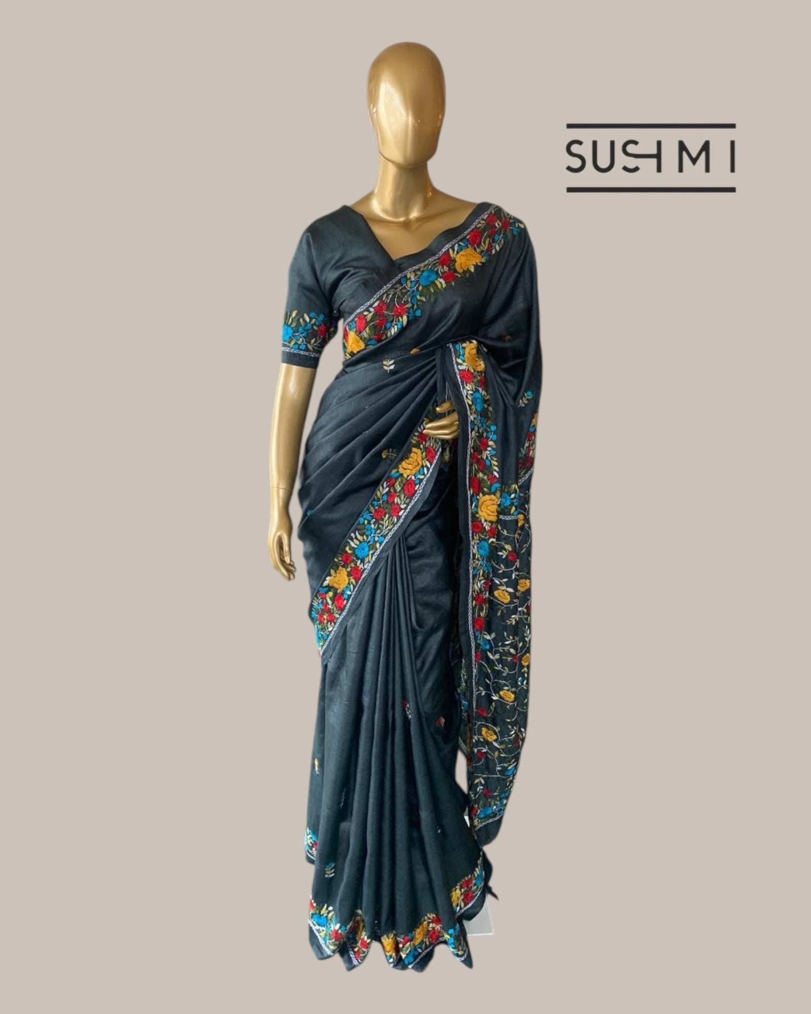 Elephant Grey Pure Tussar Saree with Parsi Gara  handwork