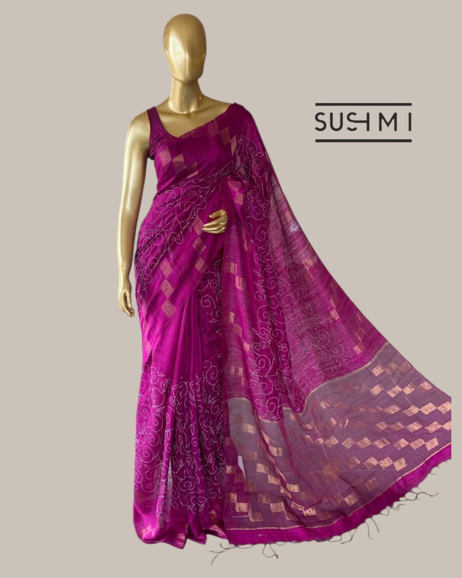 Majenta Makta Tussar Saree with Jamdani weaving and allover hand katha work