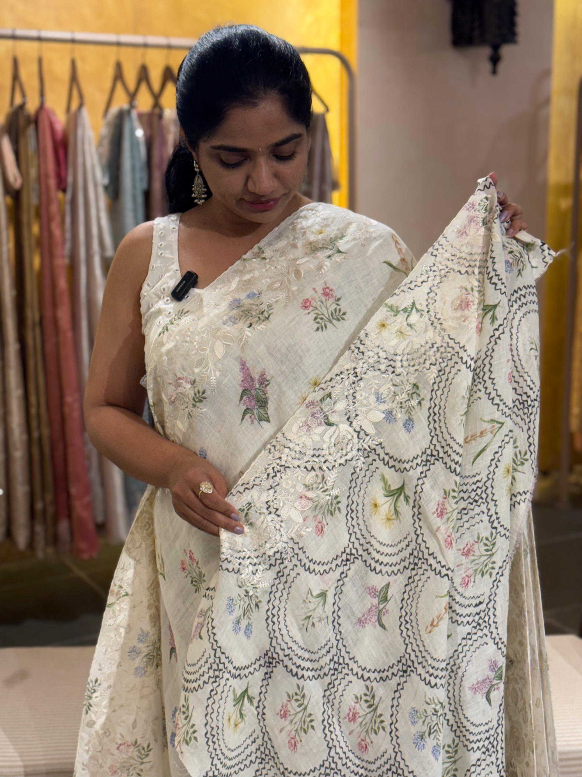Pure Handloom Lenin Print Saree With  Parsi Gara Style Embroidery
