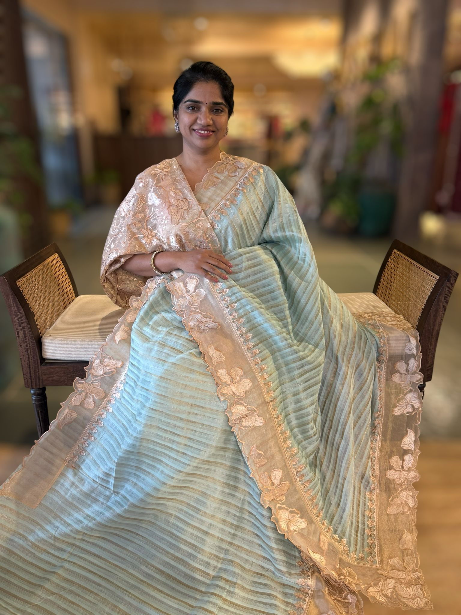 Pastel blue Mul Tissue Stripes Saree With Tissue Cutwork  Border & Blouse