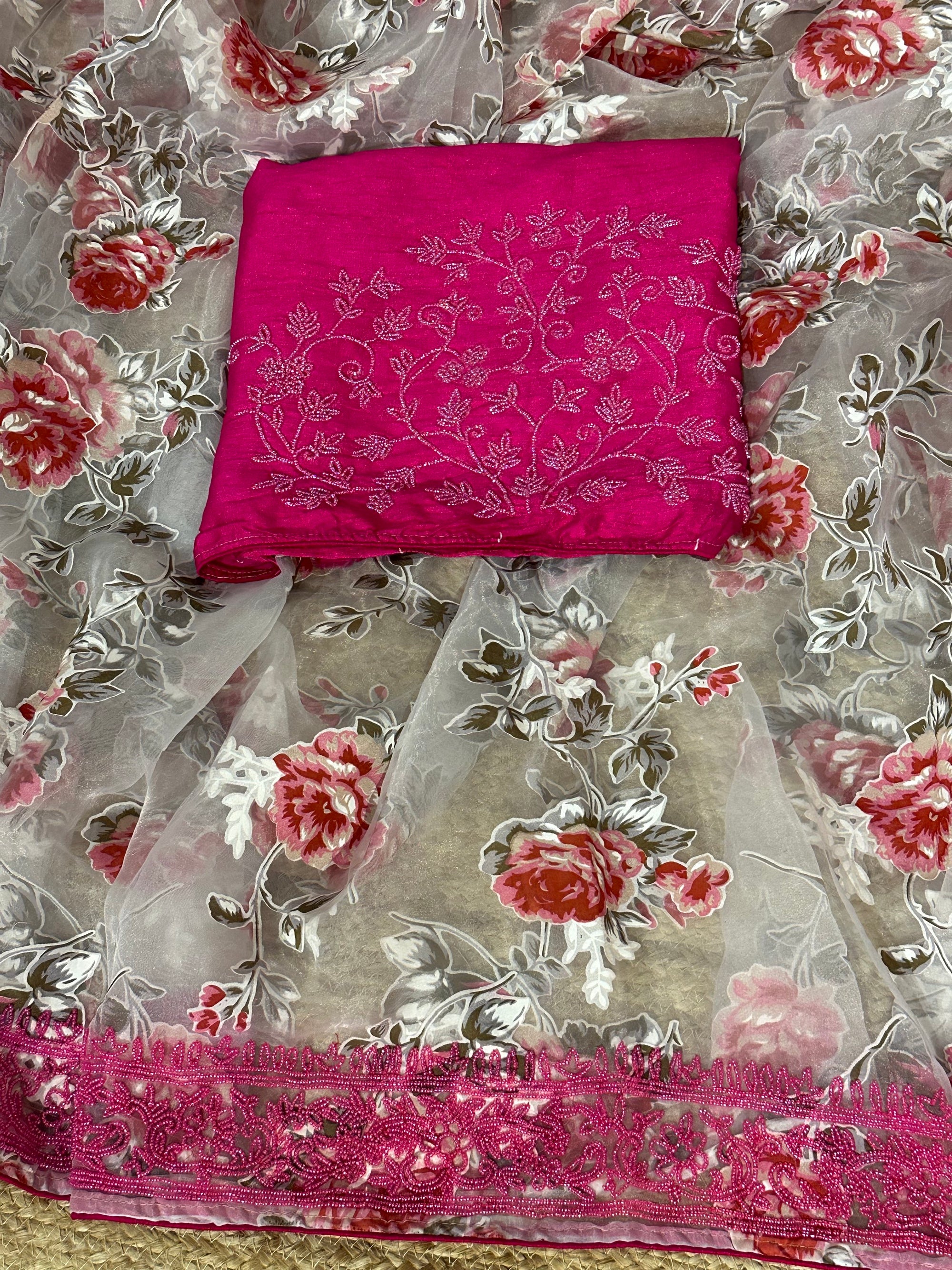 Glass Organza Floral printed Saree with heavy beadwork border and blouse
