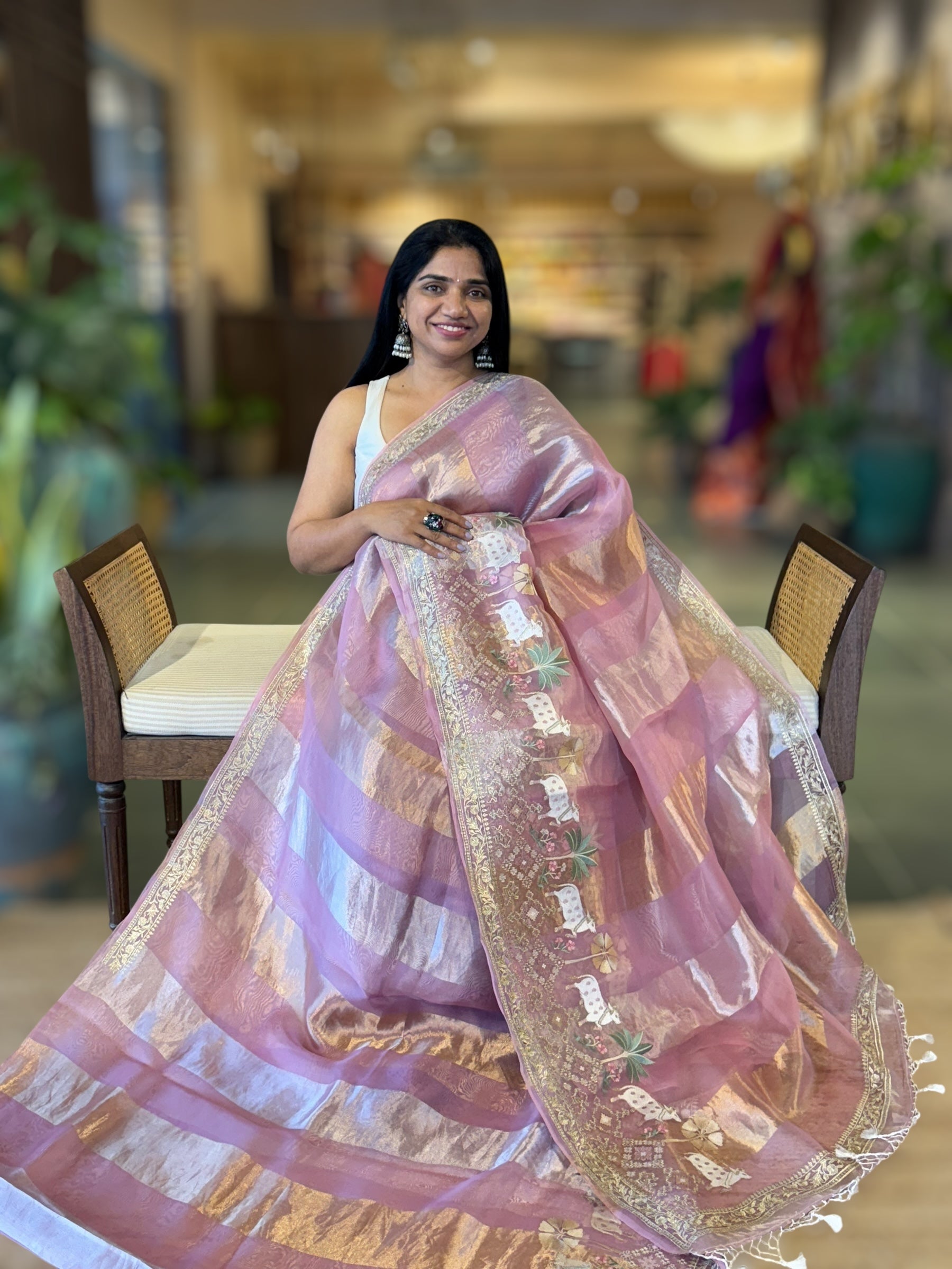 Mustard Kora Tissue Stripes Saree With Jamdani  & Pichwai embroidered Border