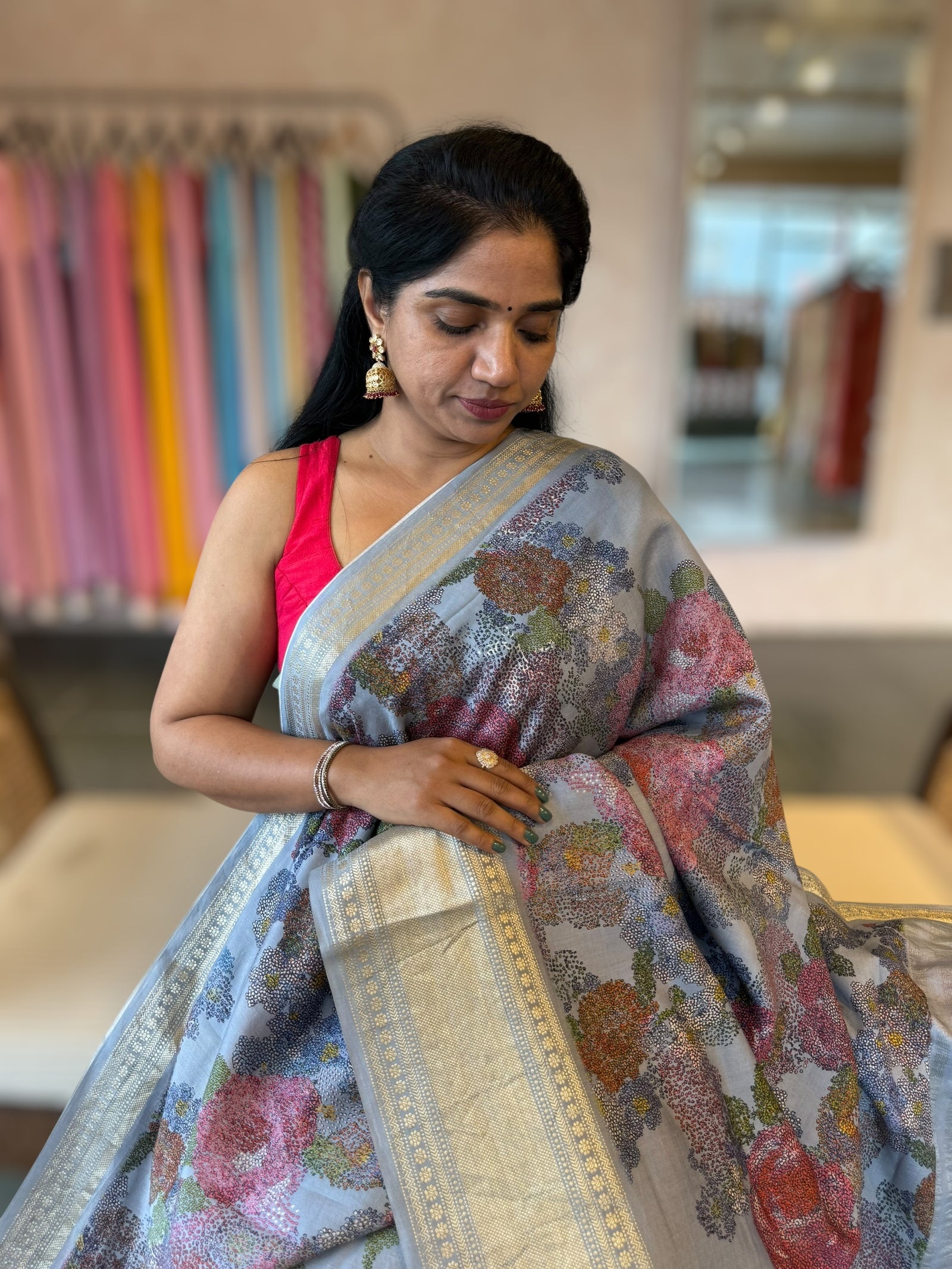 Corn Flower Blue Chiniya Silk Saree With Petite Point  Emb Style Print