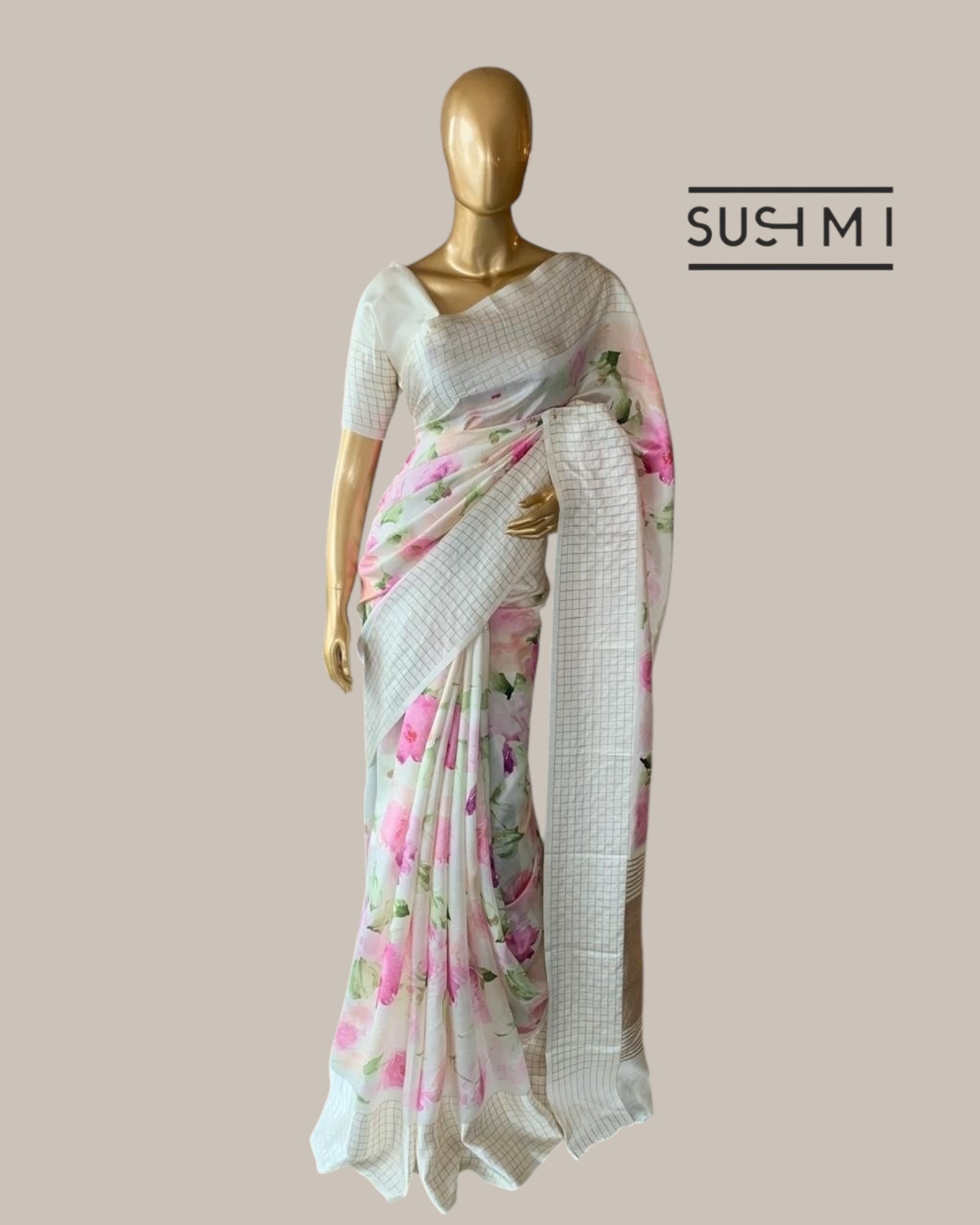 White Banarasi Soft Silk Printed Saree With Checks Pattern Mashru Border