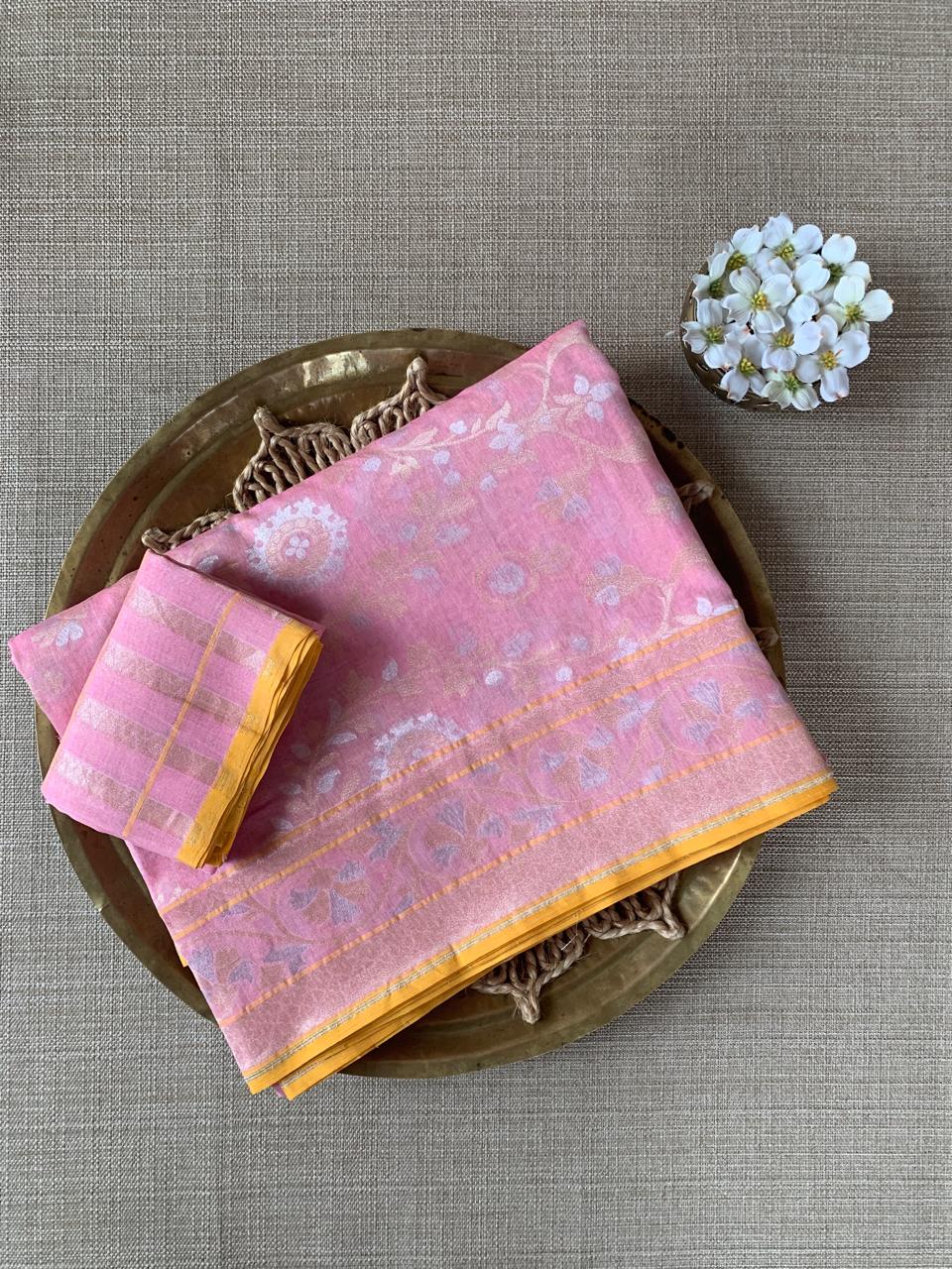 Pastel Pink Banarasi Handloom Cotton  Cut Jamdani Saree With Allover Meenakari
