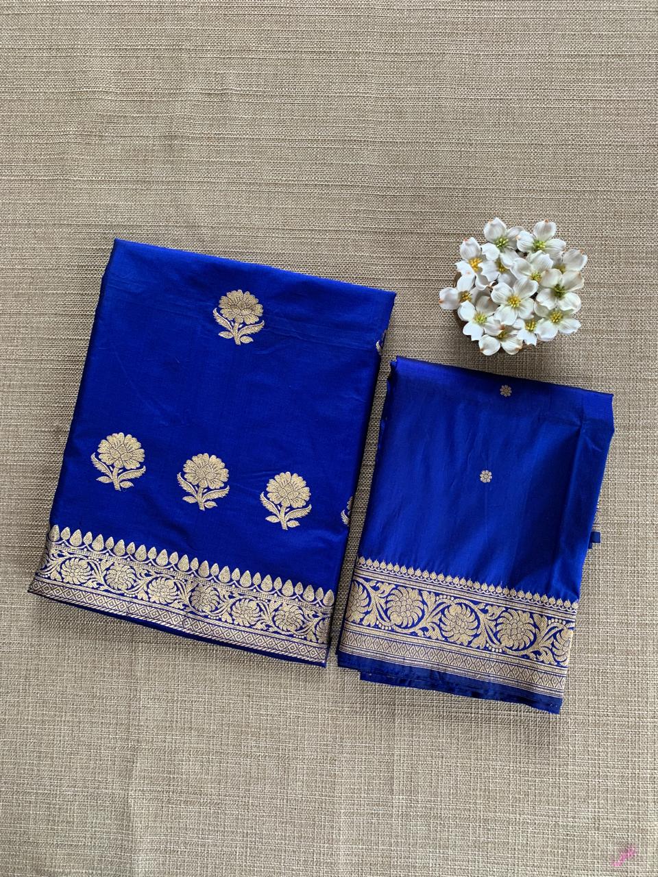 Royal BluePure Handloom Katan Silk  3 pc Suit Set with  kaduwa weaving
