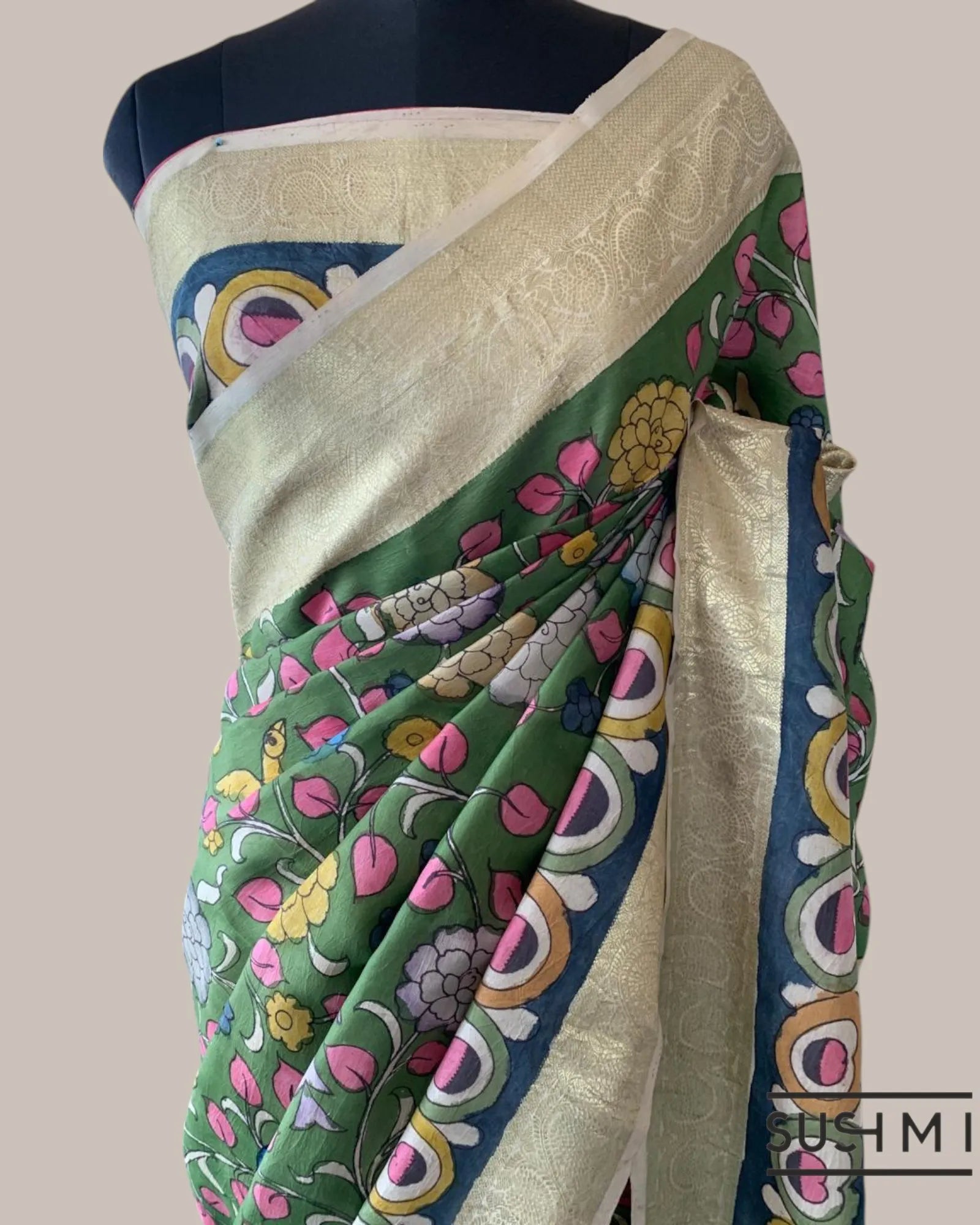 Green Kanchi Pen kalamkari handpainted saree with heavy borders
